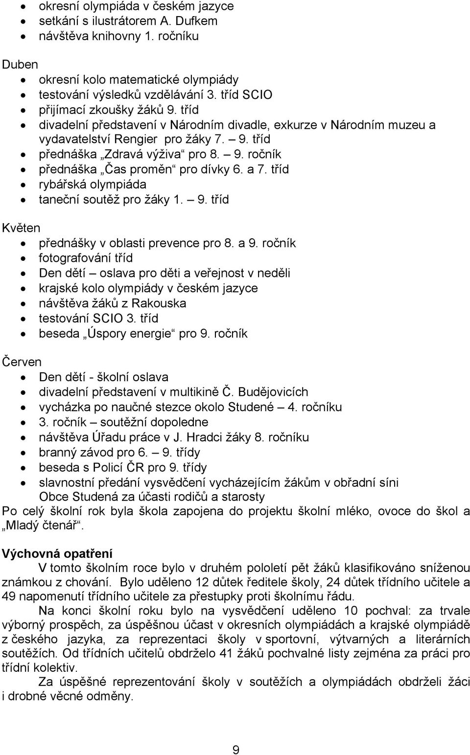 a 7. tříd rybářská olympiáda taneční soutěž pro žáky 1. 9. tříd Květen přednášky v oblasti prevence pro 8. a 9.