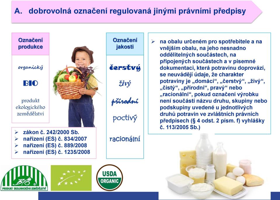 1235/2008 Označení jakosti čerstvý živý přírodní poctivý racionální na obalu určeném pro spotřebitele a na vnějším obalu, na jeho nesnadno oddělitelných součástech, na připojených součástech