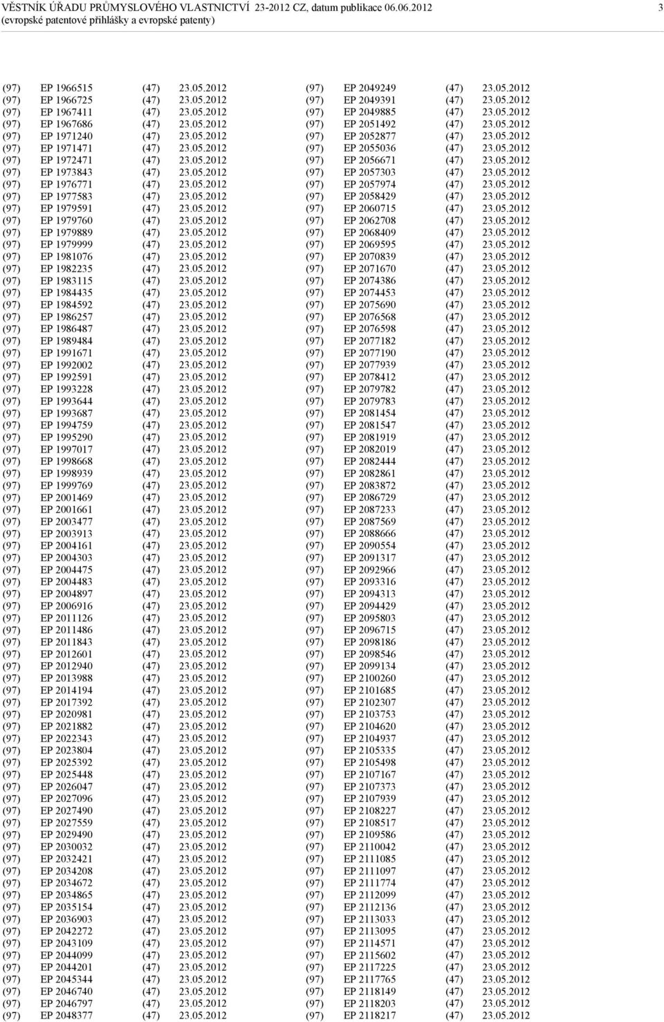 1998668 EP 1998939 EP 1999769 EP 2001469 EP 2001661 EP 2003477 EP 2003913 EP 2004161 EP 2004303 EP 2004475 EP 2004483 EP 2004897 EP 2006916 EP 2011126 EP 2011486 EP 2011843 EP 2012601 EP 2012940 EP