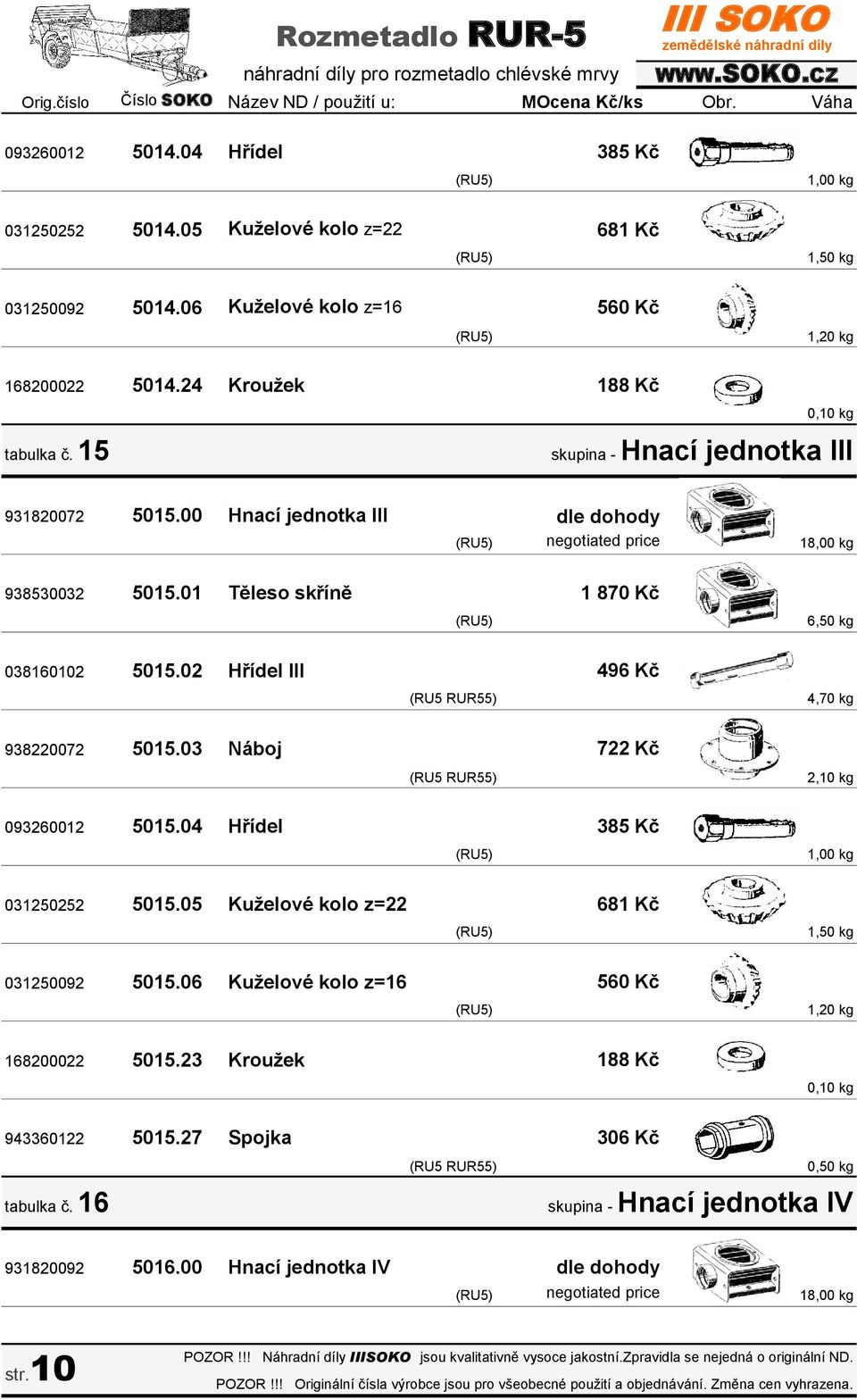 02 Hřídel III 496 Kč 4,70 kg 938220072 5015.03 Náboj 722 Kč 093260012 5015.04 Hřídel 385 Kč 031250252 5015.05 Kuželové kolo z=22 681 Kč 031250092 5015.