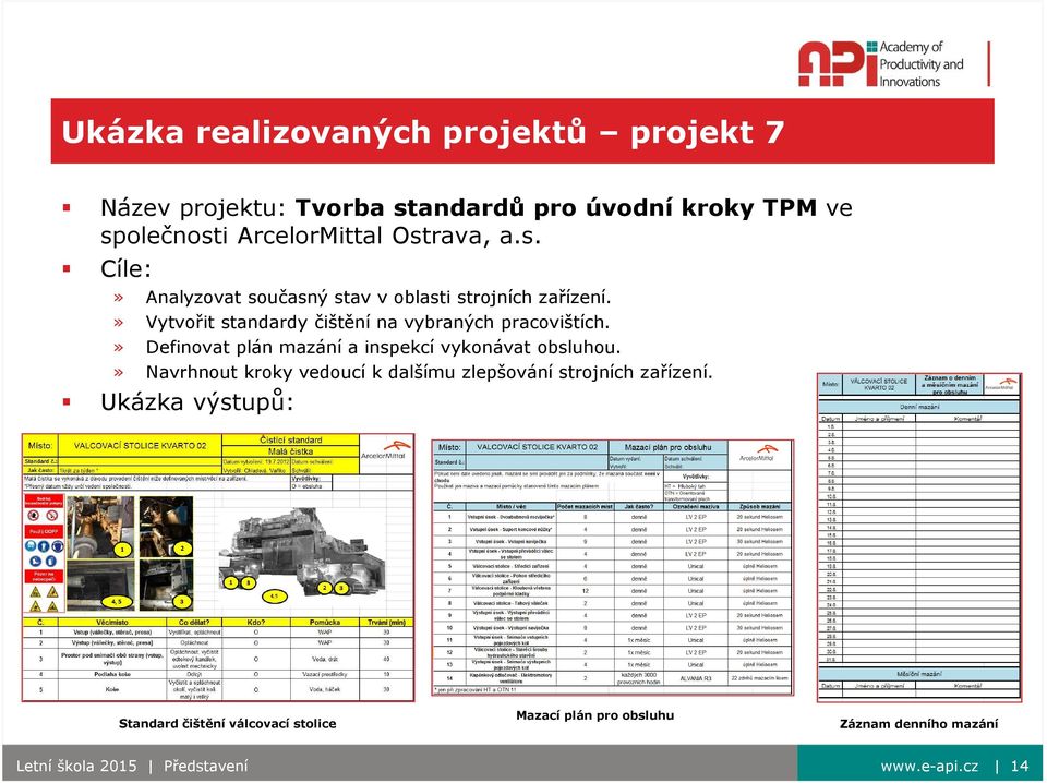 » Vytvořit standardy čištění na vybraných pracovištích.» Definovat plán mazání a inspekcí vykonávat obsluhou.