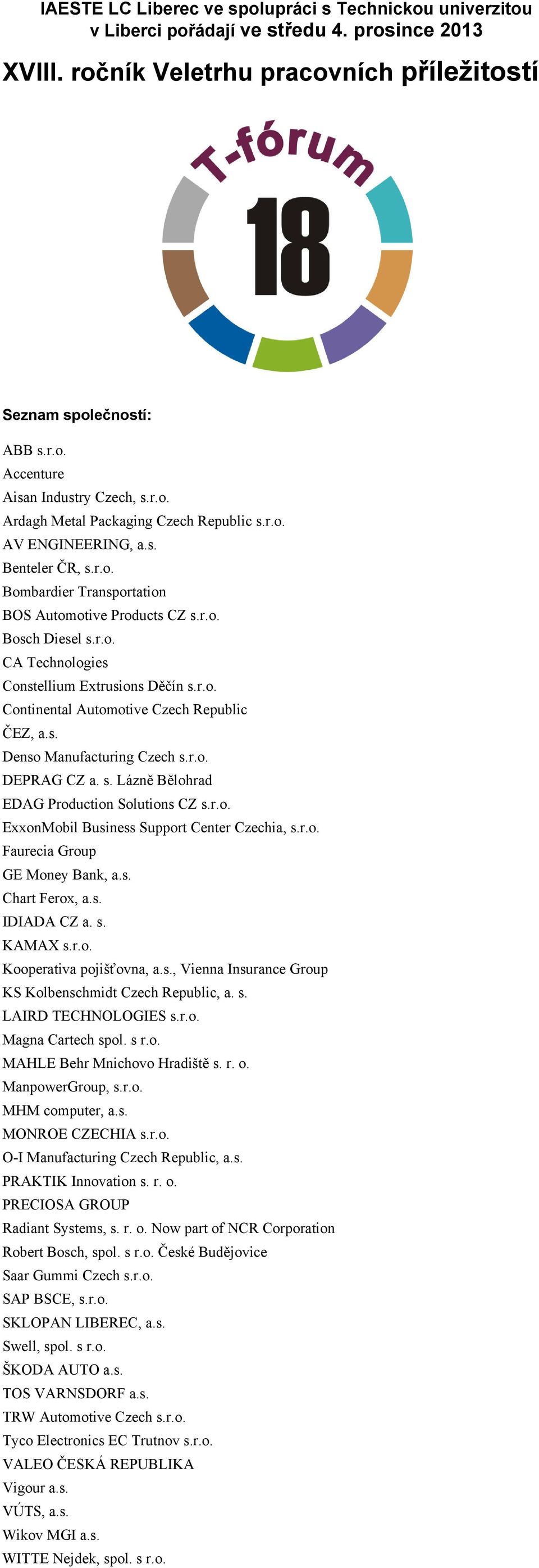 r.o. Continental Automotive Czech Republic ČEZ, a.s. Denso Manufacturing Czech s.r.o. DEPRAG CZ a. s. Lázně Bělohrad EDAG Production Solutions CZ s.r.o. ExxonMobil Business Support Center Czechia, s.