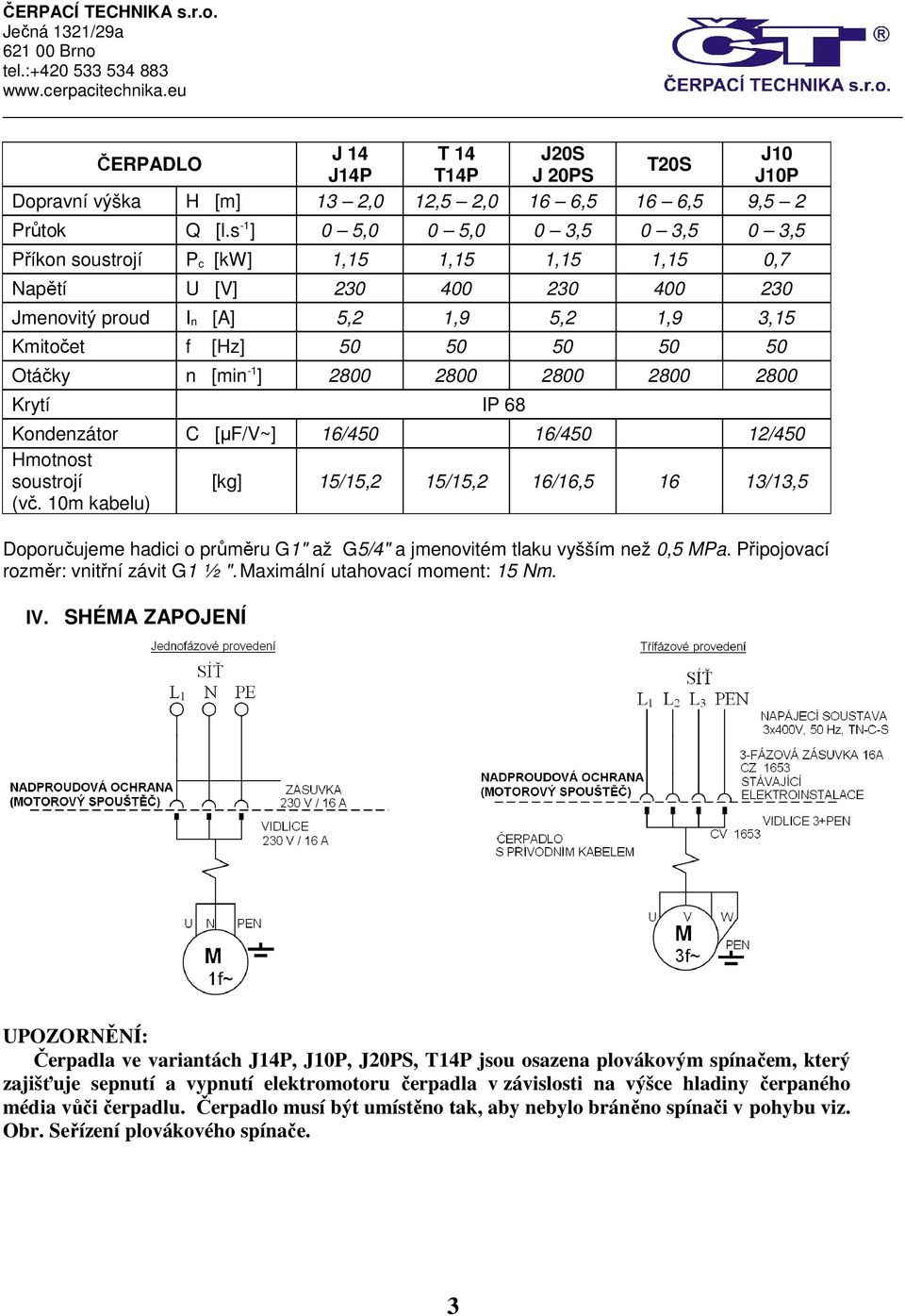 Otáčky n [min -1 ] 2800 2800 2800 2800 2800 Krytí IP 68 Kondenzátor C [μf/v~] 16/450 16/450 12/450 Hmotnost soustrojí (vč.