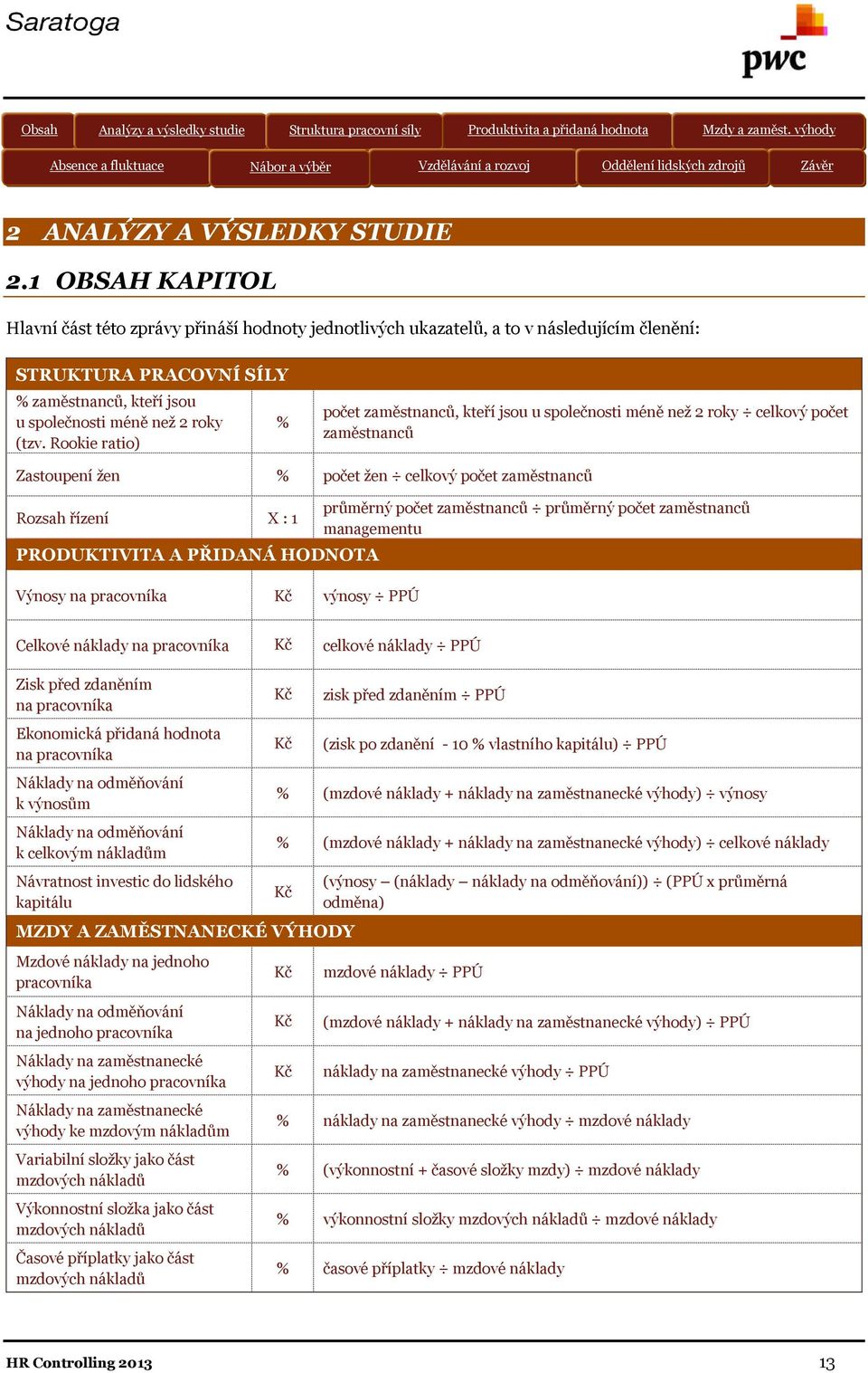 1 OBSAH KAPITOL Hlavní část této zprávy přináší hodnoty jednotlivých ukazatelů, a to v následujícím členění: STRUKTURA PRACOVNÍ SÍLY % zaměstnanců, kteří jsou u společnosti méně než 2 roky (tzv.