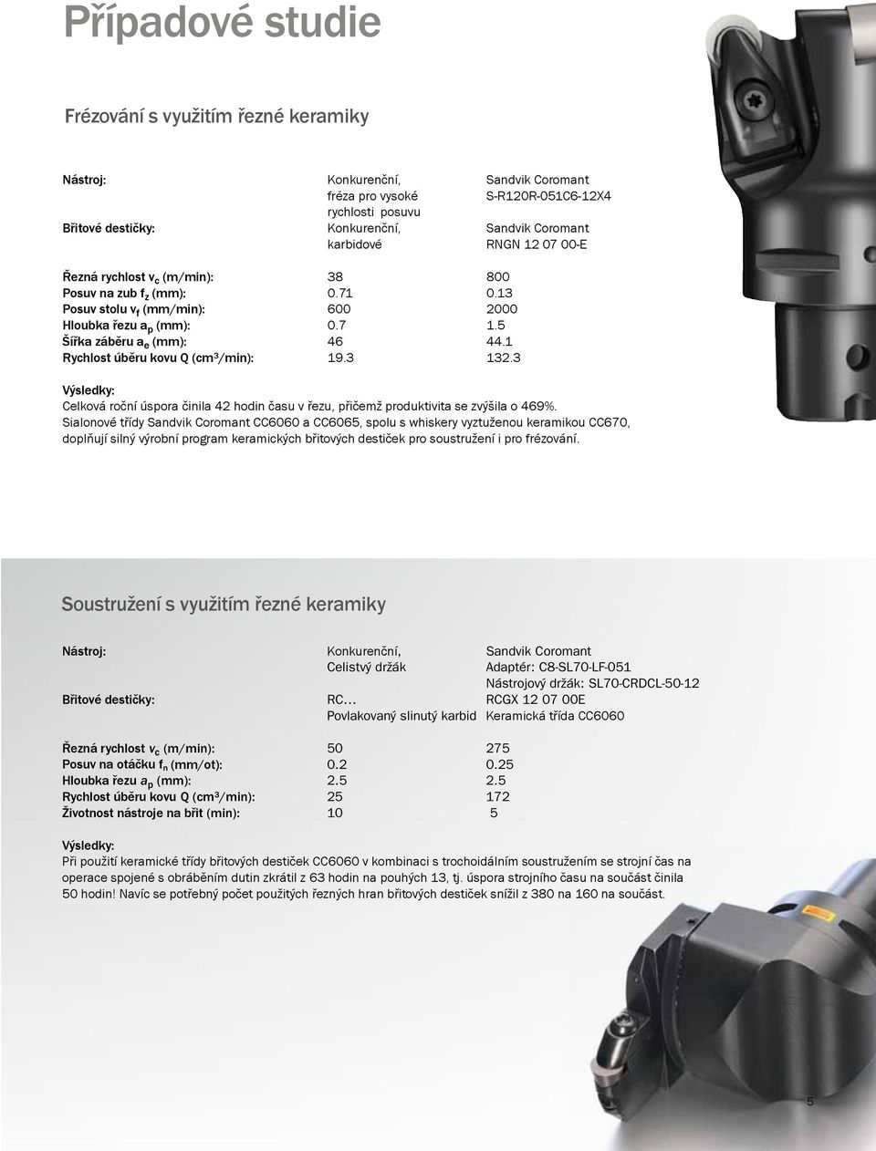 1 Rychlost úběru kovu Q (cm 3 /min): 19.3 132.3 Výsledky: Celková roční úspora činila 42 hodin času v řezu, přičemž produktivita se zvýšila o 469%.