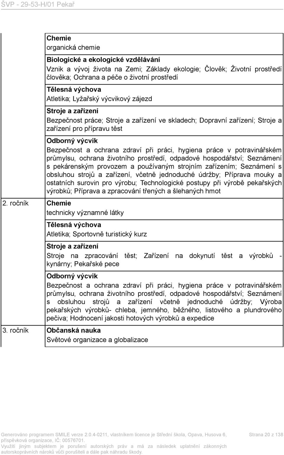 zdraví při práci, hygiena práce v potravinářském průmylsu, ochrana životního prostředí, odpadové hospodářství; Seznámení s pekárenským provozem a používaným strojním zařízením; Seznámení s obsluhou