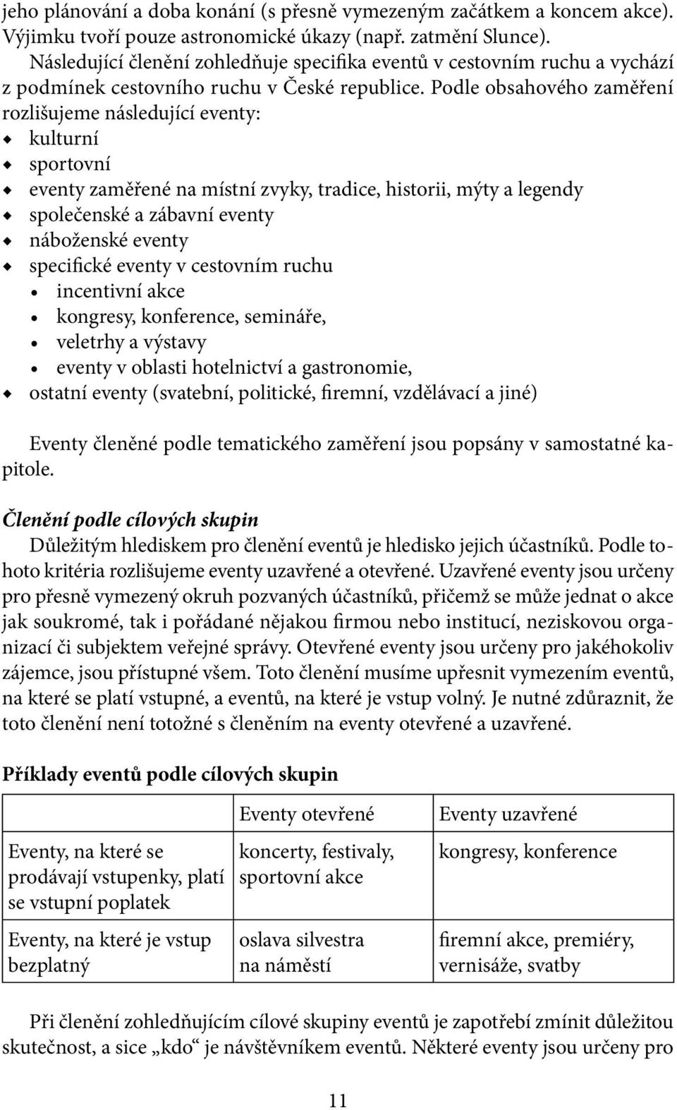 Podle obsahového zaměření rozlišujeme následující eventy: kulturní sportovní eventy zaměřené na místní zvyky, tradice, historii, mýty a legendy společenské a zábavní eventy náboženské eventy