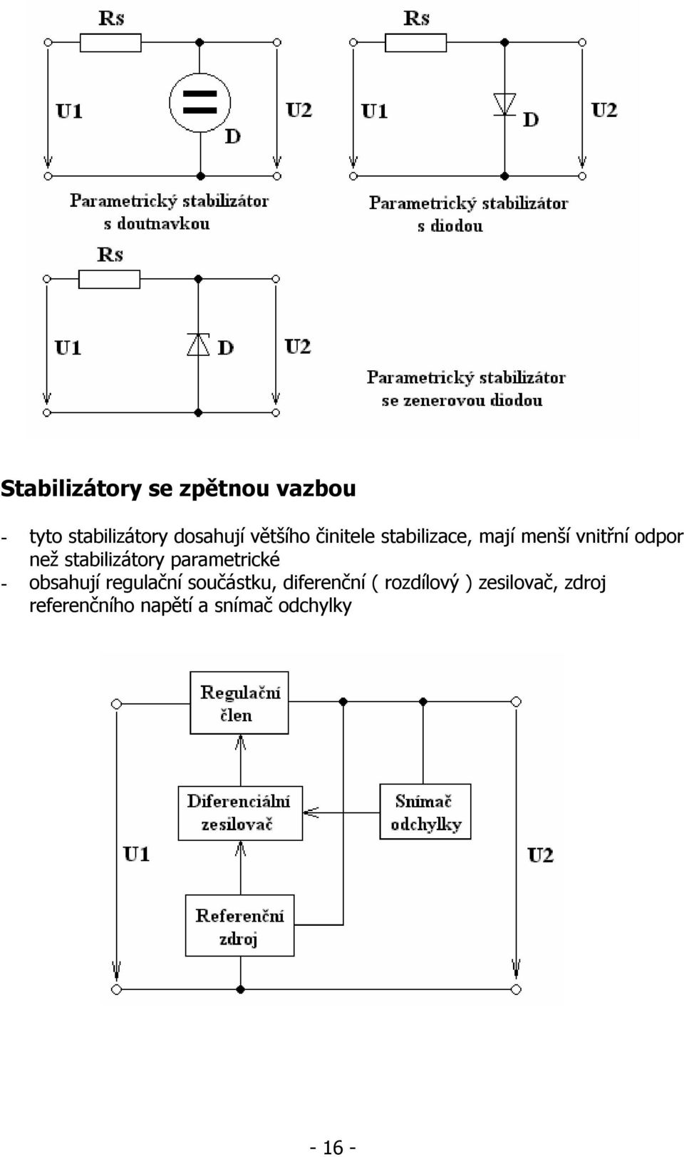 stabilizátory parametrické - obsahují regulační součástku,