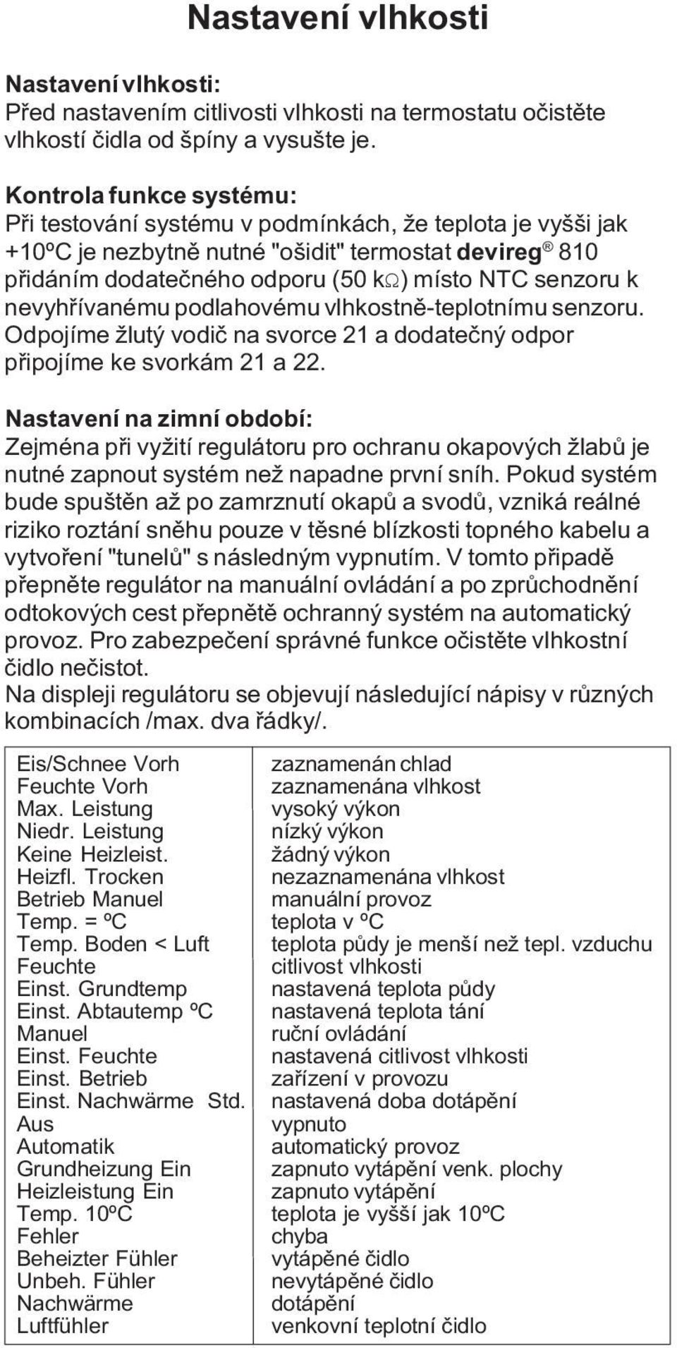 Fühler Nachwärme Luftfühler 14 Nastavení vlhkosti Nastavení vlhkosti: Pøed nastavením citlivosti vlhkosti na termostatu oèistìte vlhkostí èidla od špíny a vysušte je.