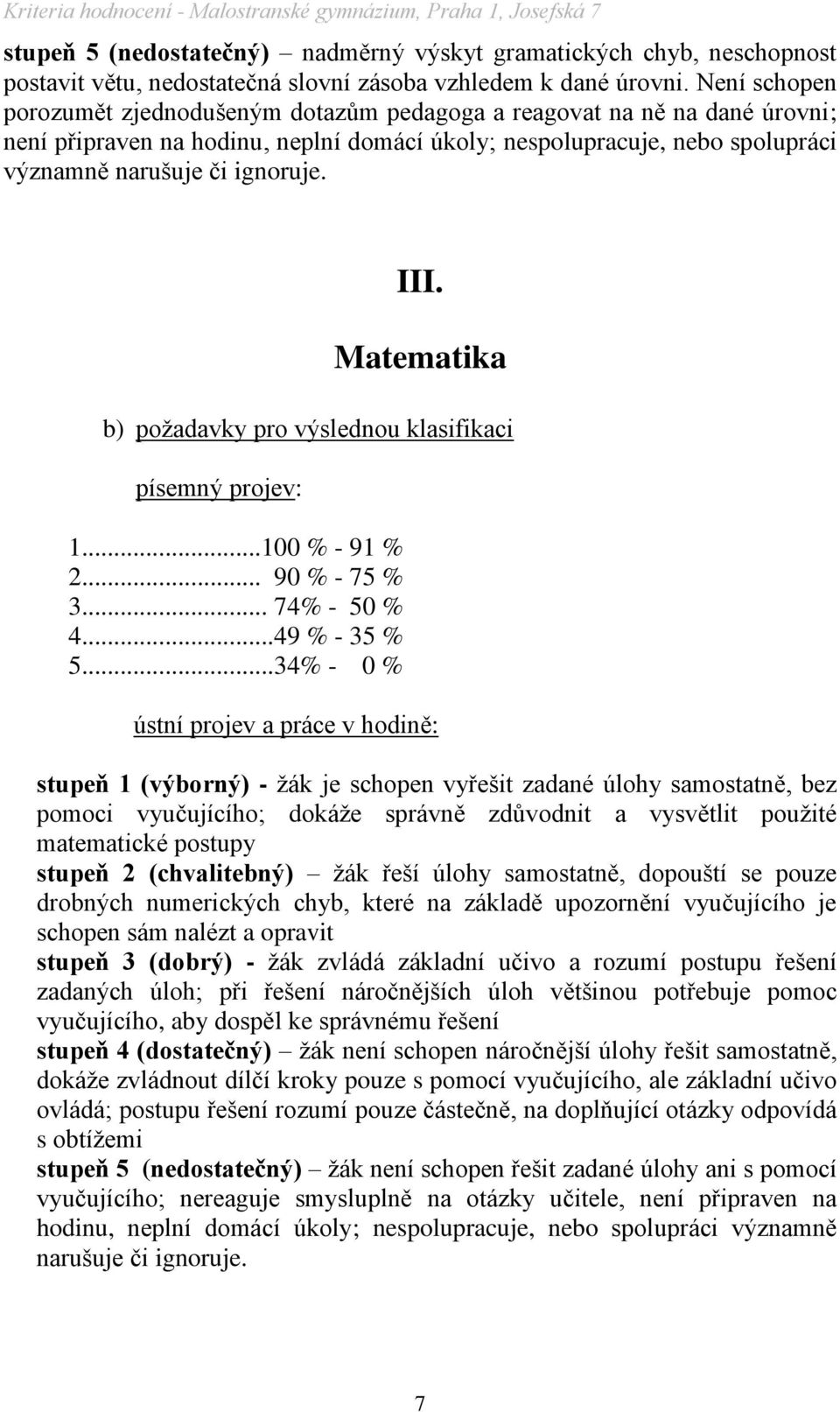 III. Matematika b) poţadavky pro výslednou klasifikaci písemný projev: 1...100 % - 91 % 2... 90 % - 75 % 3... 74% - 50 % 4...49 % - 35 % 5.