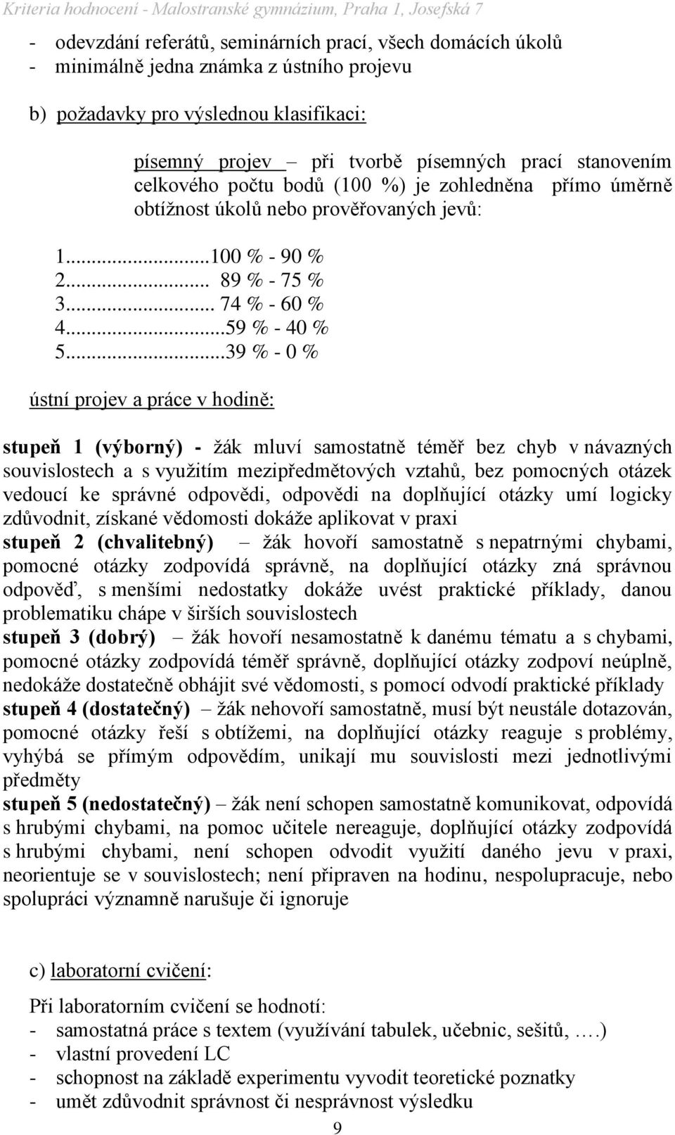 ..39 % - 0 % ústní projev a práce v hodině: stupeň 1 (výborný) - ţák mluví samostatně téměř bez chyb v návazných souvislostech a s vyuţitím mezipředmětových vztahů, bez pomocných otázek vedoucí ke