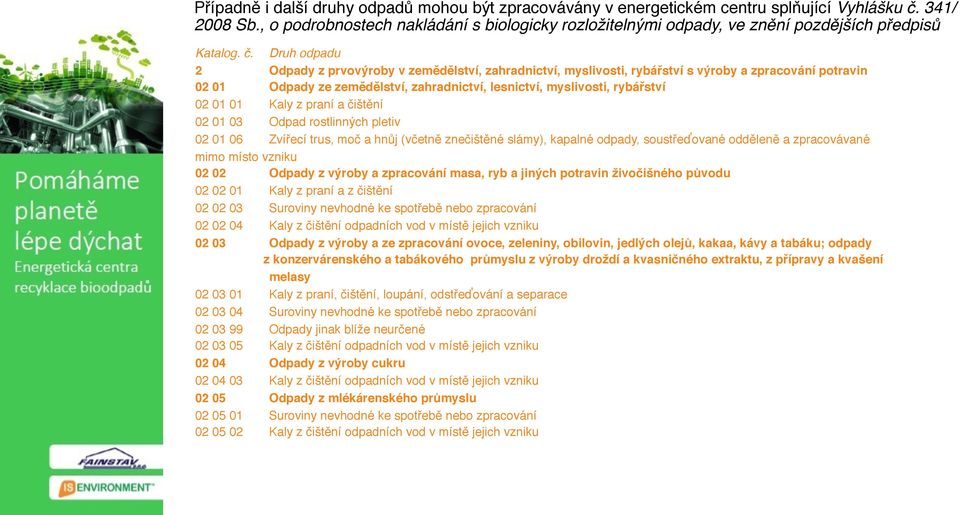 Druh odpadu 2 Odpady z prvovýroby v zemědělství, zahradnictví, myslivosti, rybářství s výroby a zpracování potravin 02 01 Odpady ze zemědělství, zahradnictví, lesnictví, myslivosti, rybářství 02 01