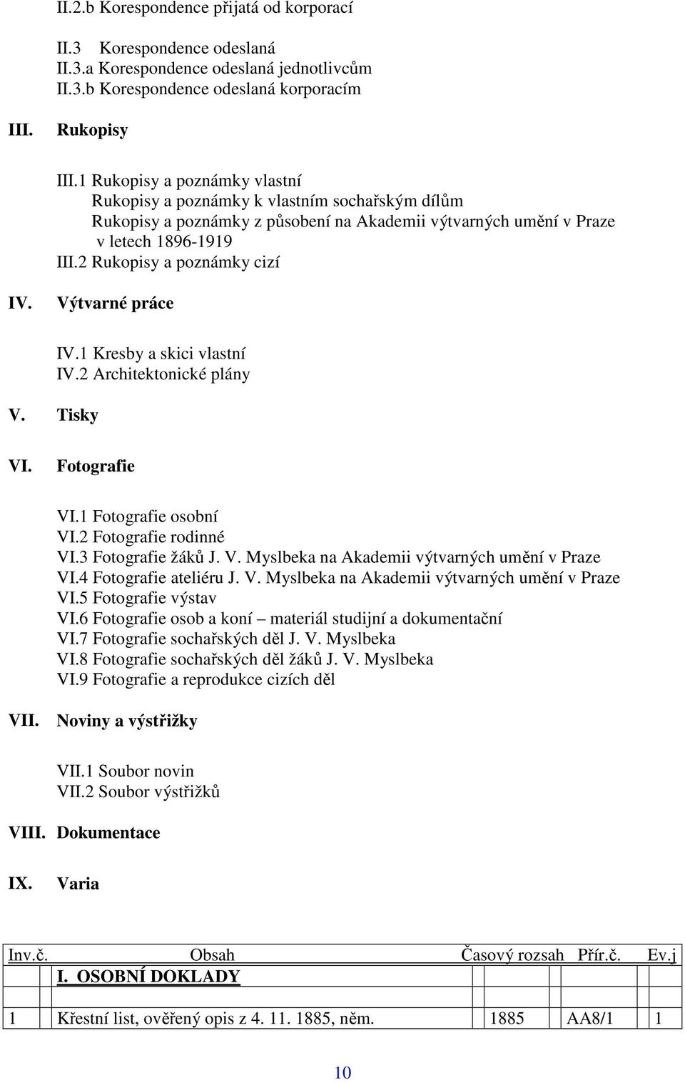 Výtvarné práce IV.1 Kresby a skici vlastní IV.2 Architektonické plány V. Tisky VI. Fotografie VI.1 Fotografie osobní VI.2 Fotografie rodinné VI.3 Fotografie žáků J. V. Myslbeka na Akademii výtvarných umění v Praze VI.