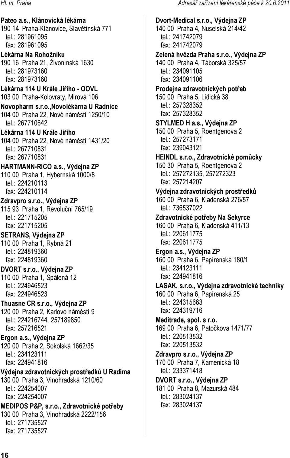 : 267710642 114 U Krále Jiřího 104 00 Praha 22, Nové náměstí 1431/20 tel.: 267710831 fax: 267710831 HARTMANN-RICO a.s., Výdejna ZP 110 00 Praha 1, Hybernská 1000/8 tel.