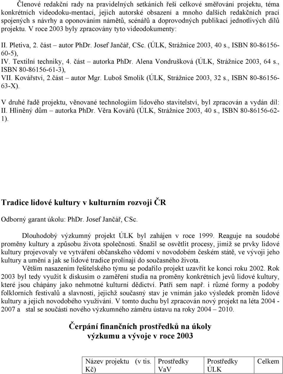 (ÚLK, Strážnice 2003, 40 s., ISBN 80-86156- 60-5), IV. Textilní techniky, 4. část autorka PhDr. Alena Vondrušková (ÚLK, Strážnice 2003, 64 s., ISBN 80-86156-61-3), VII. Kovářství, 2.část autor Mgr.