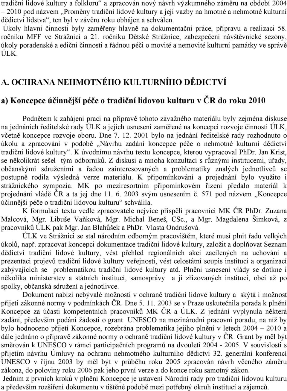 ročníku Dětské Strážnice, zabezpečení návštěvnické sezóny, úkoly poradenské a ediční činnosti a řádnou péči o movité a nemovité kulturní památky ve správě ÚLK. A.