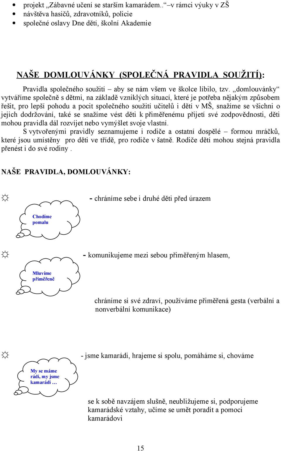 tzv. dmluvánky vytváříme splečně s dětmi, na základě vzniklých situací, které je ptřeba nějakým způsbem řešit, pr lepší phdu a pcit splečnéh sužití učitelů i dětí v MŠ, snažíme se všichni jejich