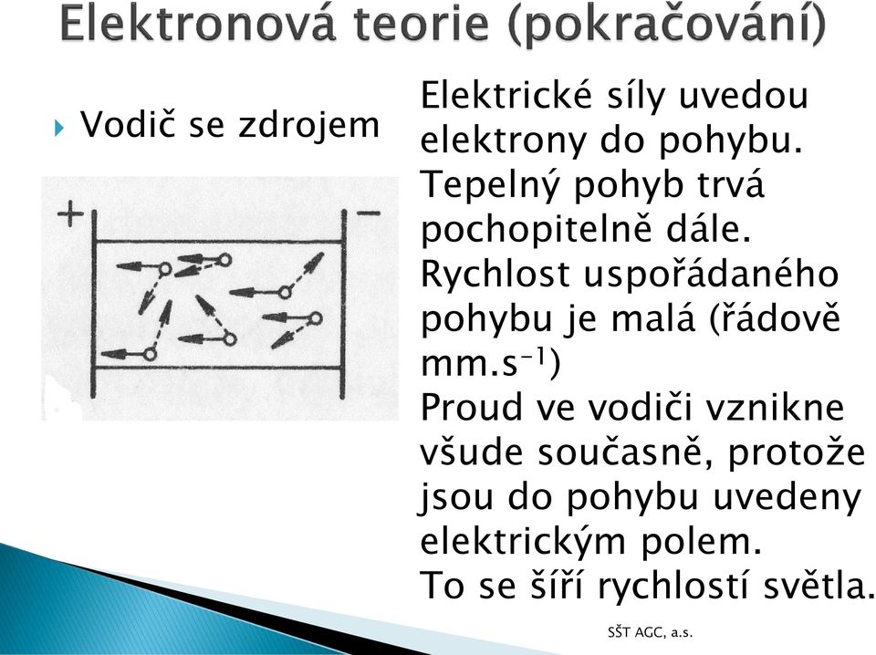 ychlost uspořádaného pohybu je malá (řádově mm.