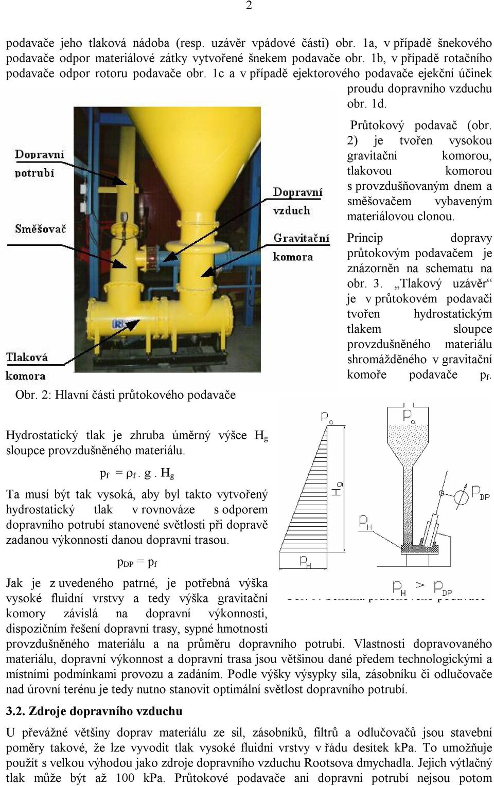 2: Hlavní části průtokového podavače Průtokový podavač (obr. 2) je tvořen vysokou gravitační komorou, tlakovou komorou s provzdušňovaným dnem a směšovačem vybaveným materiálovou clonou.