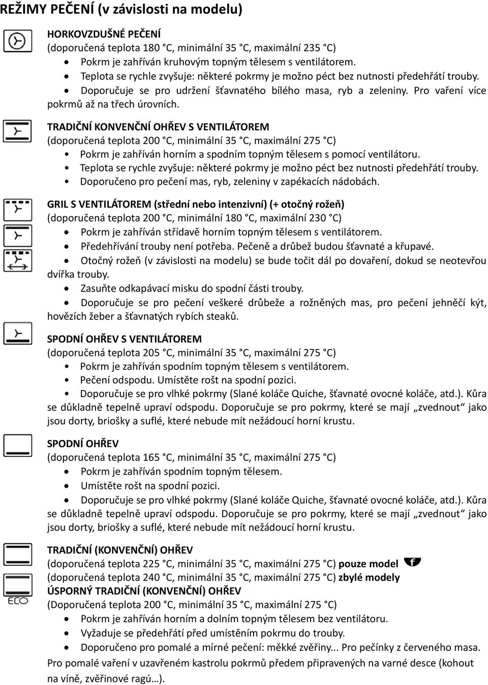 TRADIČNÍ KONVENČNÍ OHŘEV S VENTILÁTOREM (doporučená teplota 200 C, minimální 35 C, maximální 275 C) Pokrm je zahříván horním a spodním topným tělesem s pomocí ventilátoru.