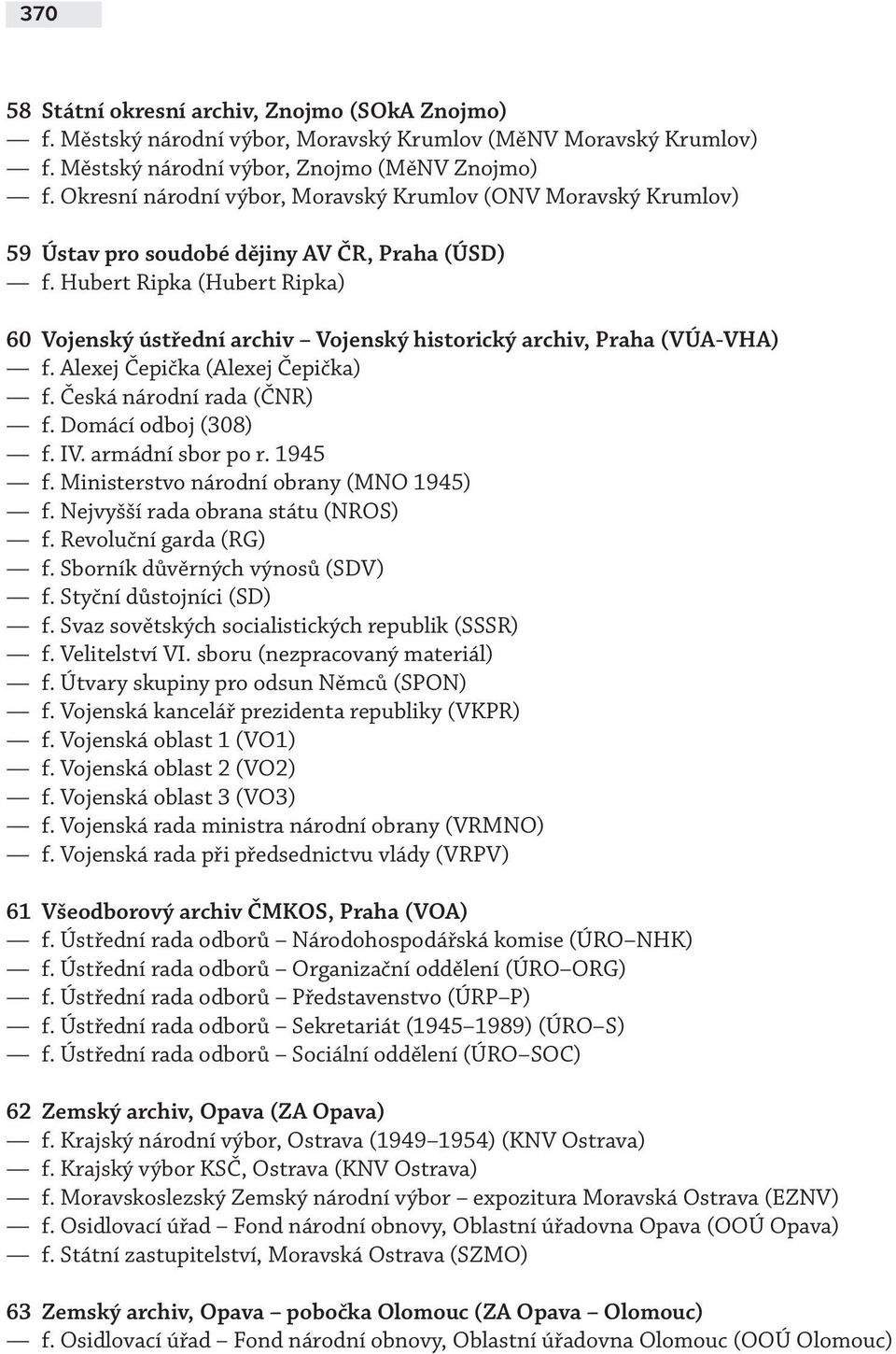 Hubert Ripka (Hubert Ripka) 60 Vojenský ústřední archiv Vojenský historický archiv, Praha (VÚA-VHA) f. Alexej Čepička (Alexej Čepička) f. Česká národní rada (ČNR) f. Domácí odboj (308) f. IV.