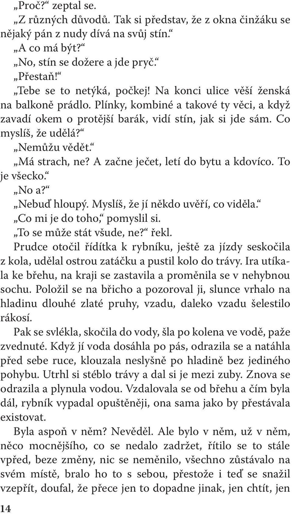 A začne ječet, letí do bytu a kdovíco. To je všecko. No a? Nebuď hloupý. Myslíš, že jí někdo uvěří, co viděla. Co mi je do toho, pomyslil si. To se může stát všude, ne? řekl.