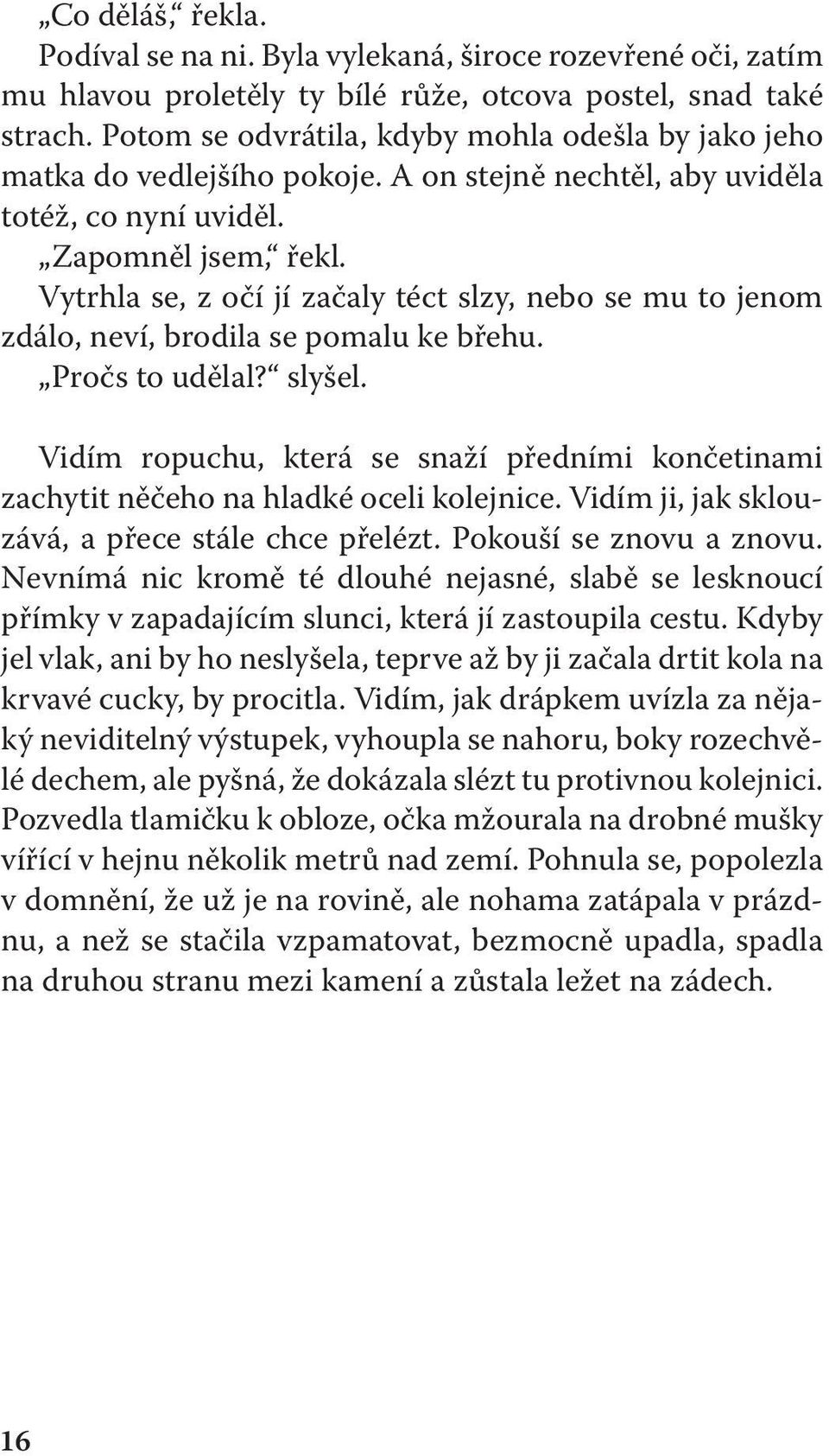 Vytrhla se, z očí jí začaly téct slzy, nebo se mu to jenom zdálo, neví, brodila se pomalu ke břehu. Pročs to udělal? slyšel.