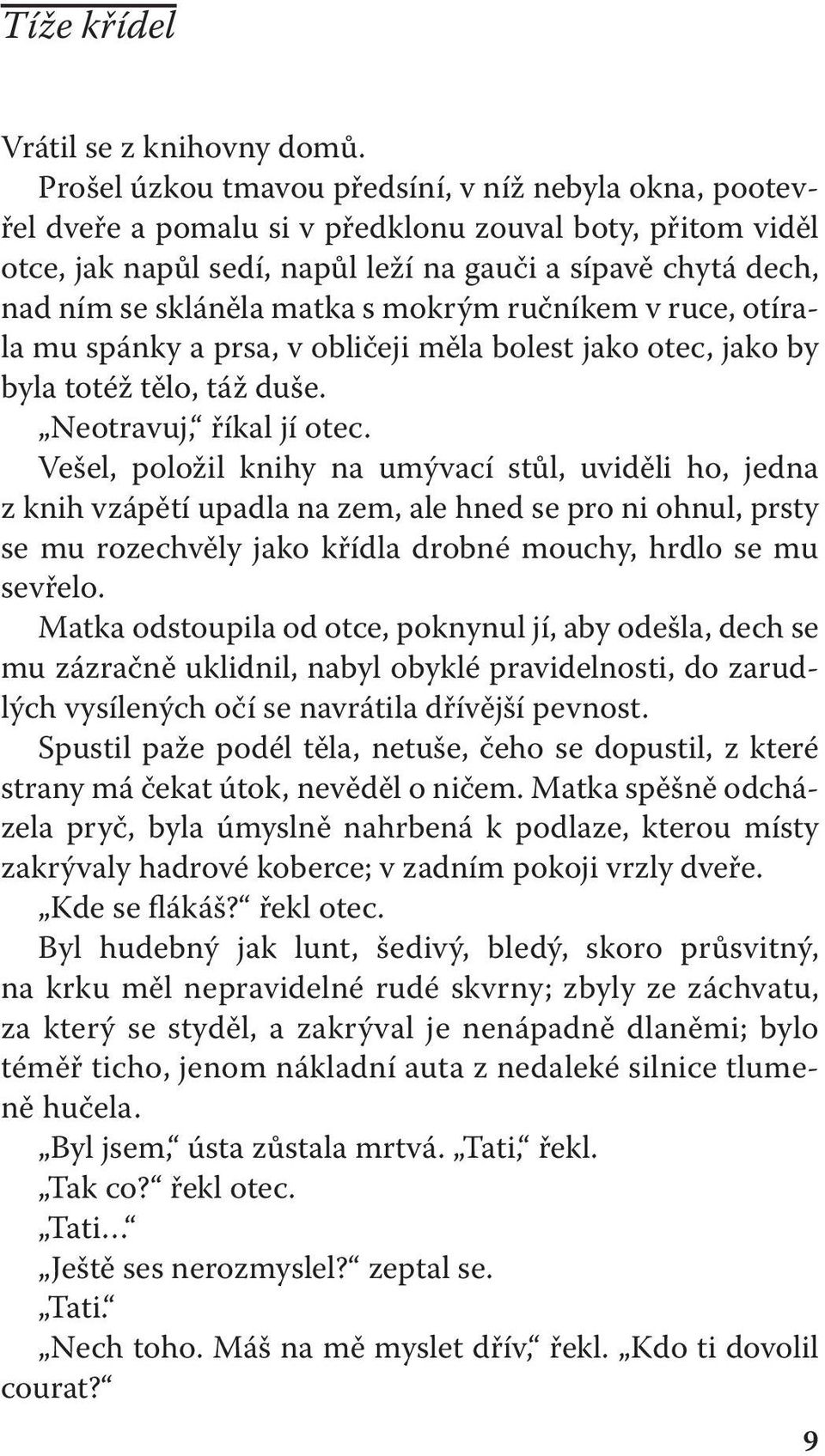 matka s mokrým ručníkem v ruce, otírala mu spánky a prsa, v obličeji měla bolest jako otec, jako by byla totéž tělo, táž duše. Neotravuj, říkal jí otec.