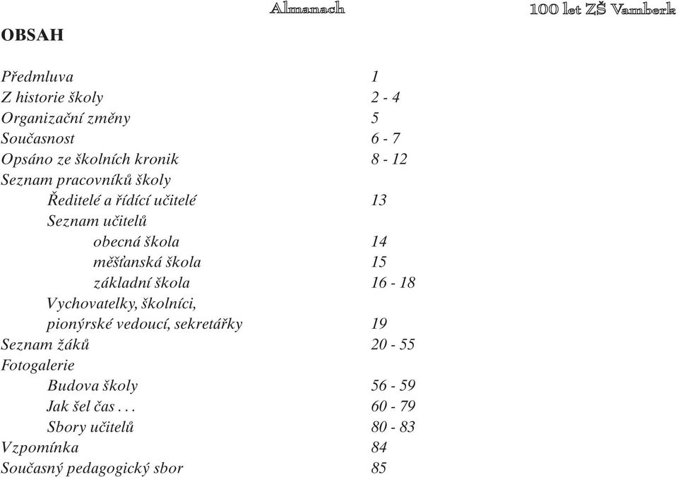 základní škola 16-18 Vychovatelky, školníci, pionýrské vedoucí, sekretářky 19 Seznam žáků 20-55