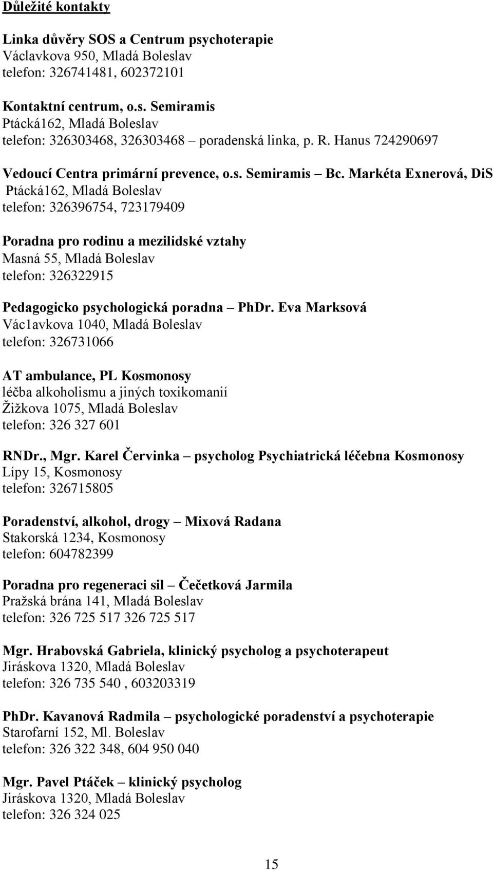 Markéta Exnerová, DiS Ptácká162, Mladá Boleslav telefon: 326396754, 723179409 Poradna pro rodinu a mezilidské vztahy Masná 55, Mladá Boleslav telefon: 326322915 Pedagogicko psychologická poradna PhDr.