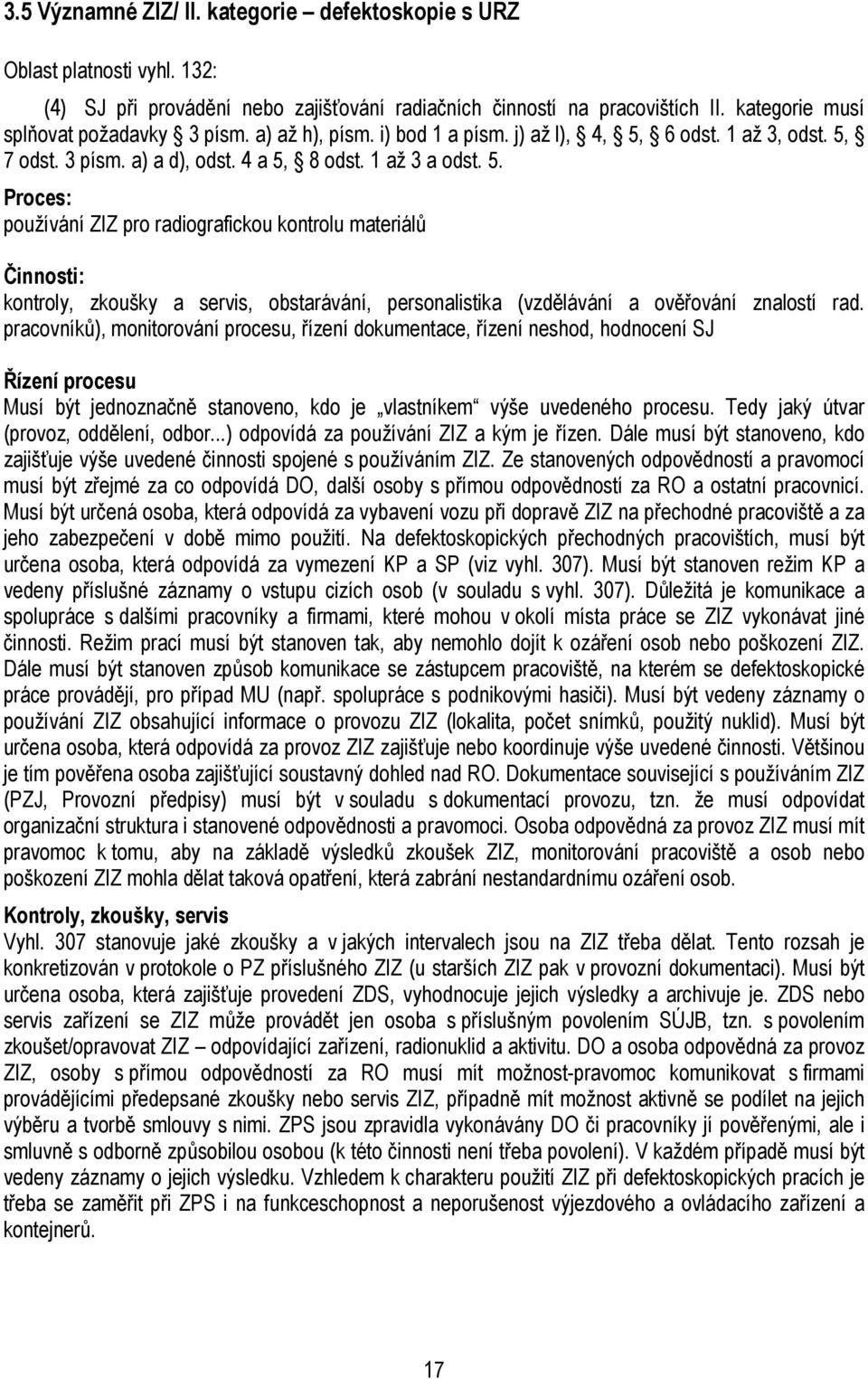 6 odst. 1 až 3, odst. 5, 7 odst. 3 písm. a) a d), odst. 4 a 5, 8 odst. 1 až 3 a odst. 5. Proces: používání ZIZ pro radiografickou kontrolu materiálů Činnosti: kontroly, zkoušky a servis, obstarávání, personalistika (vzdělávání a ověřování znalostí rad.