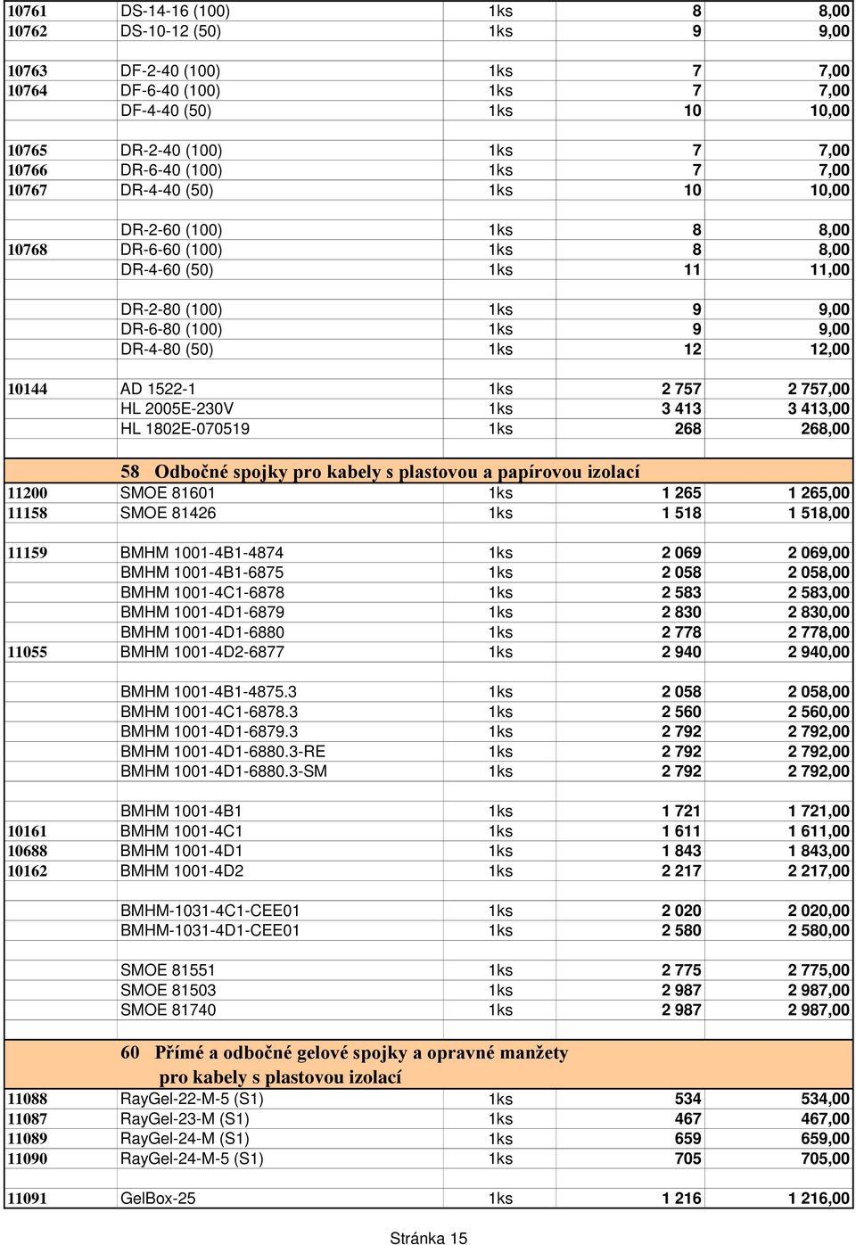 12 12,00 10144 AD 1522-1 1ks 2 757 2 757,00 HL 2005E-230V 1ks 3 413 3 413,00 HL 1802E-070519 1ks 268 268,00 58 Odbočné spojky pro kabely s plastovou a papírovou izolací 11200 SMOE 81601 1ks 1 265 1