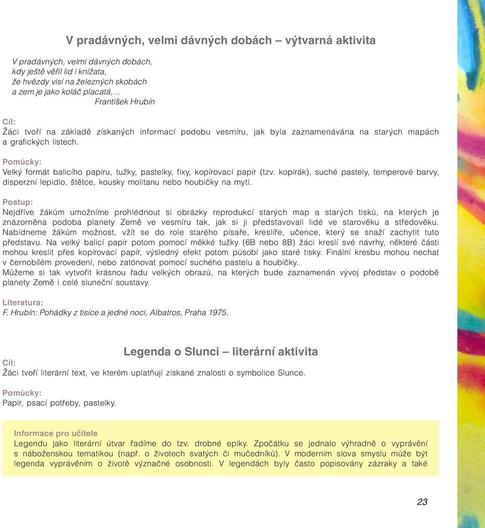 Velký formát balicího papíru, tužky, pastelky, fixy, kopírovací papír (tzv. kopírák), suché pastely, temperové barvy, disperzní lepidlo, štětce, kousky molitanu nebo houbičky na mytí.