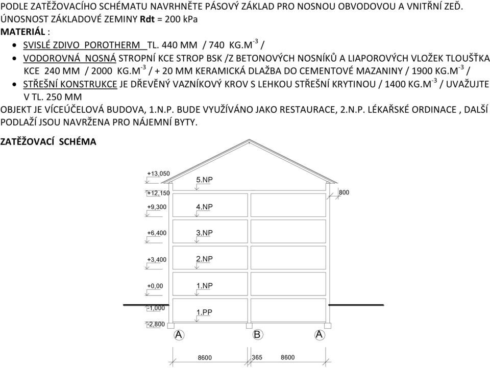 M -3 / STŘEŠNÍ KONSTRUKCE JE DŘEVĚNÝ VAZNÍKOVÝ KROV S LEHKOU STŘEŠNÍ KRYTINOU / 1400 KG.M -3 / UVAŽUJTE V TL. 250 MM OBJEKT JE VÍCEÚČELOVÁ BUDOVA, 1.N.P. BUDE VYUŽÍVÁNO JAKO RESTAURACE, 2.