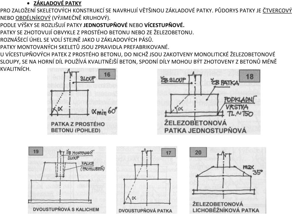 PATKY SE ZHOTOVUJÍ OBVYKLE Z PROSTÉHO BETONU NEBO ZE ŽELEZOBETONU. ROZNÁŠECÍ ÚHEL SE VOLÍ STEJNĚ JAKO U ZÁKLADOVÝCH PÁSŮ.