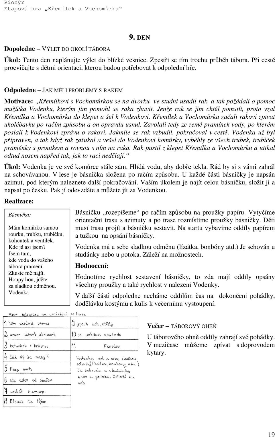 Odpoledne JAK MĚLI PROBLÉMY S RAKEM Motivace: Křemílkovi s Vochomůrkou se na dvorku ve studni usadil rak, a tak požádali o pomoc mužíčka Vodenku, kterým jim pomohl se raka zbavit.