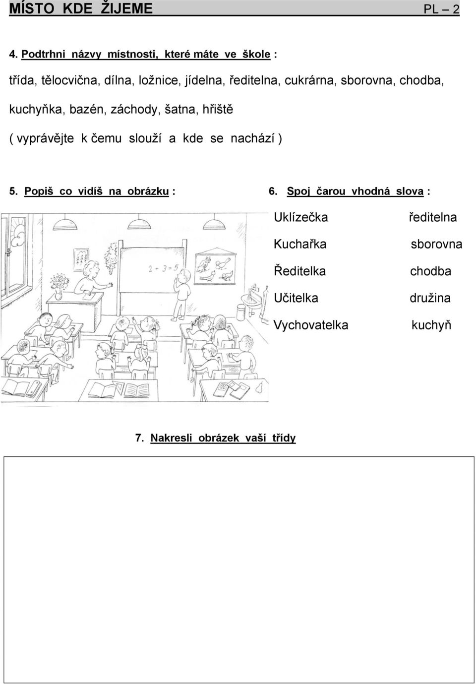 cukrárna, sborovna, chodba, kuchyňka, bazén, záchody, šatna, hřiště ( vyprávějte k čemu slouží a kde se