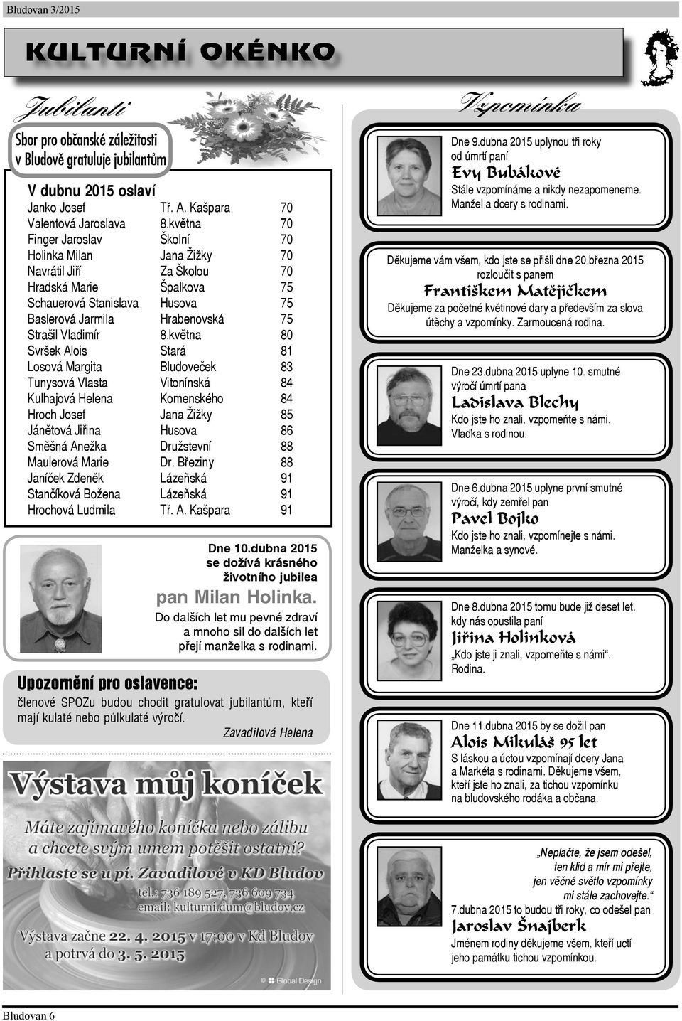 8.května 80 Svršek Alois Stará 81 Losová Margita Bludoveček 83 Tunysová Vlasta Vitonínská 84 Kulhajová Helena Komenského 84 Hroch Josef Jana Žižky 85 Jánětová Jiřina Husova 86 Směšná Anežka