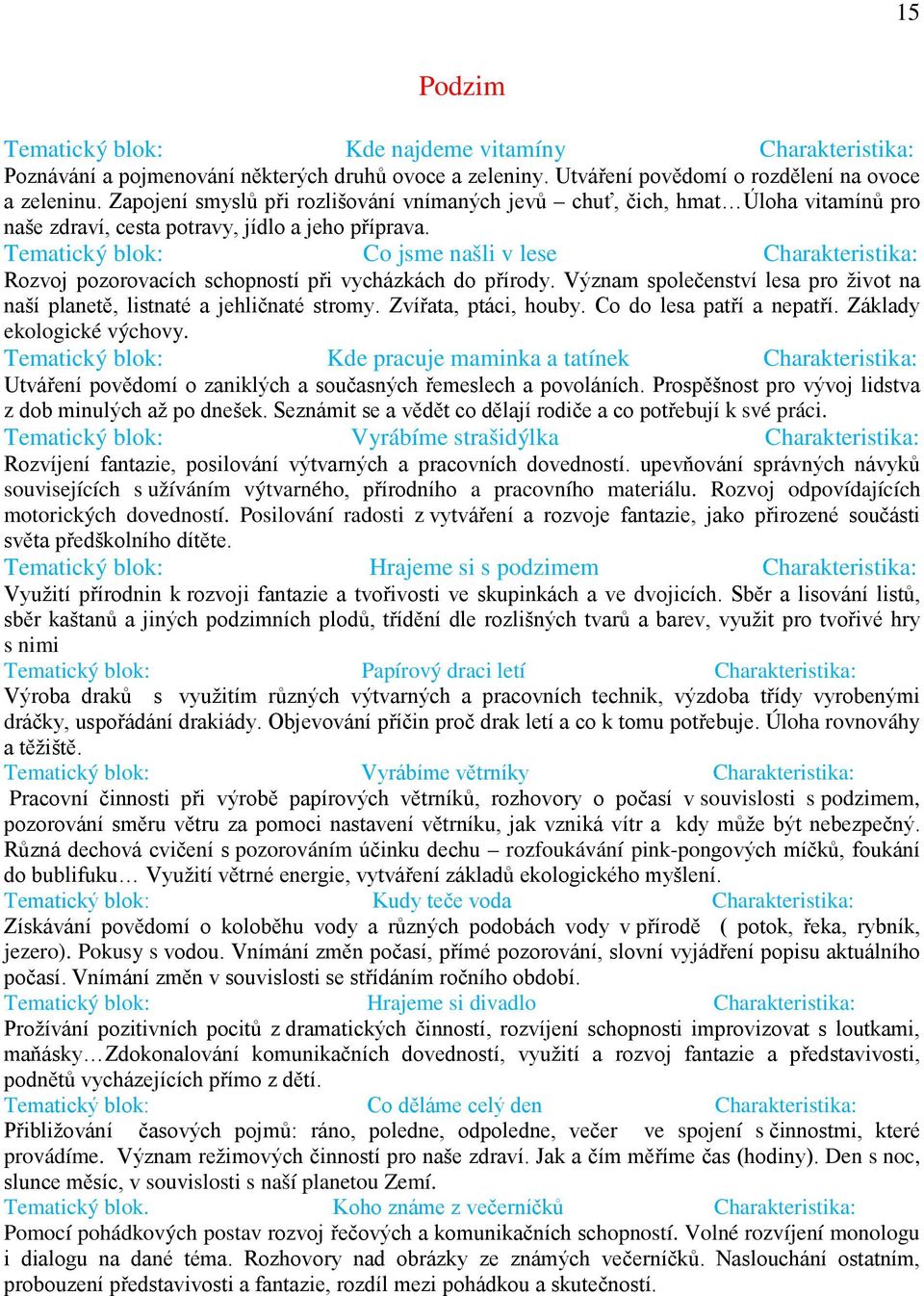 Tematický blok: Co jsme našli v lese Charakteristika: Rozvoj pozorovacích schopností při vycházkách do přírody. Význam společenství lesa pro život na naší planetě, listnaté a jehličnaté stromy.