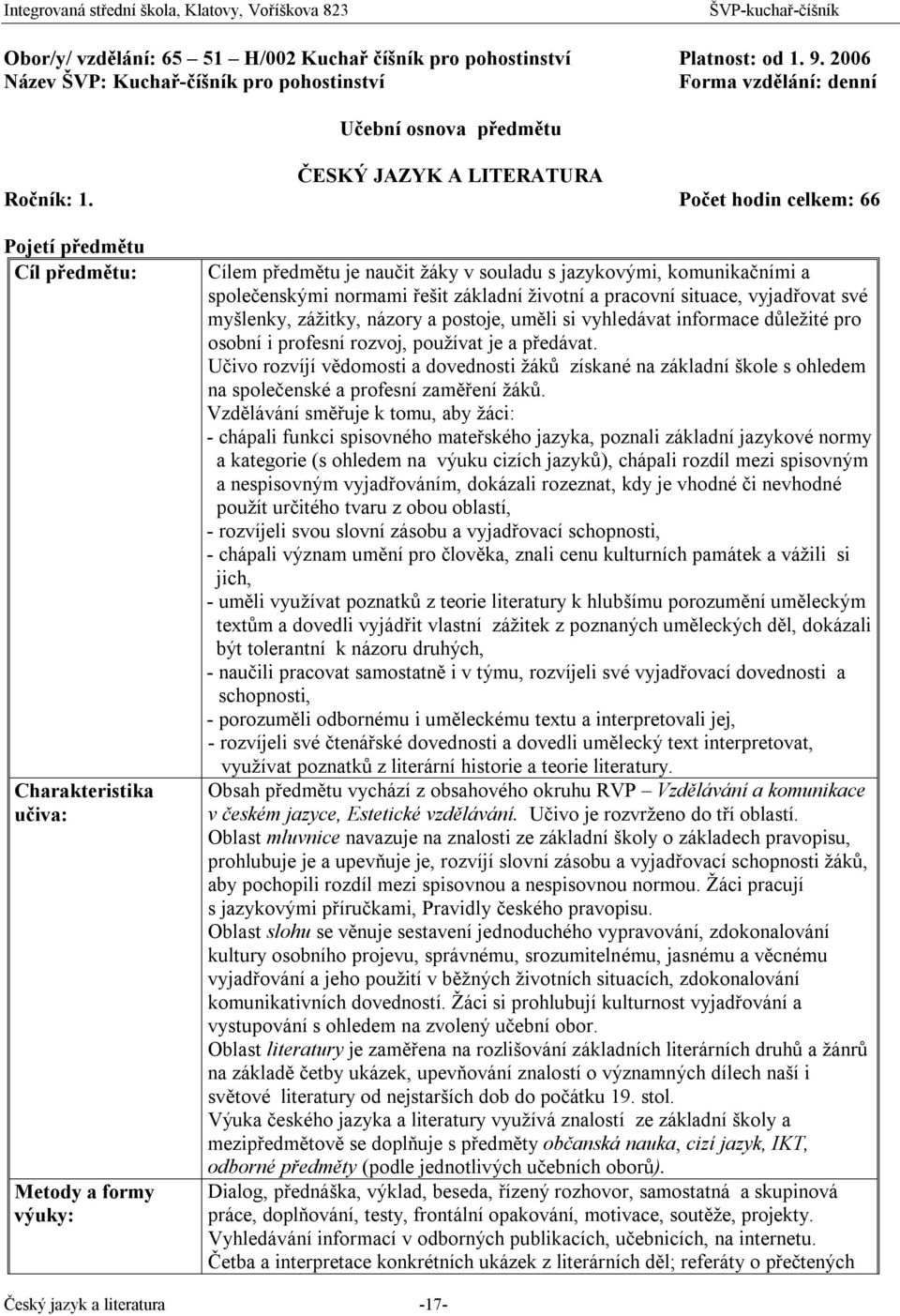 celkem: 66 Pojetí předmětu Cíl předmětu: Charakteristika učiva: Metody a formy výuky: Cílem předmětu je naučit žáky v souladu s jazykovými, komunikačními a společenskými normami řešit základní