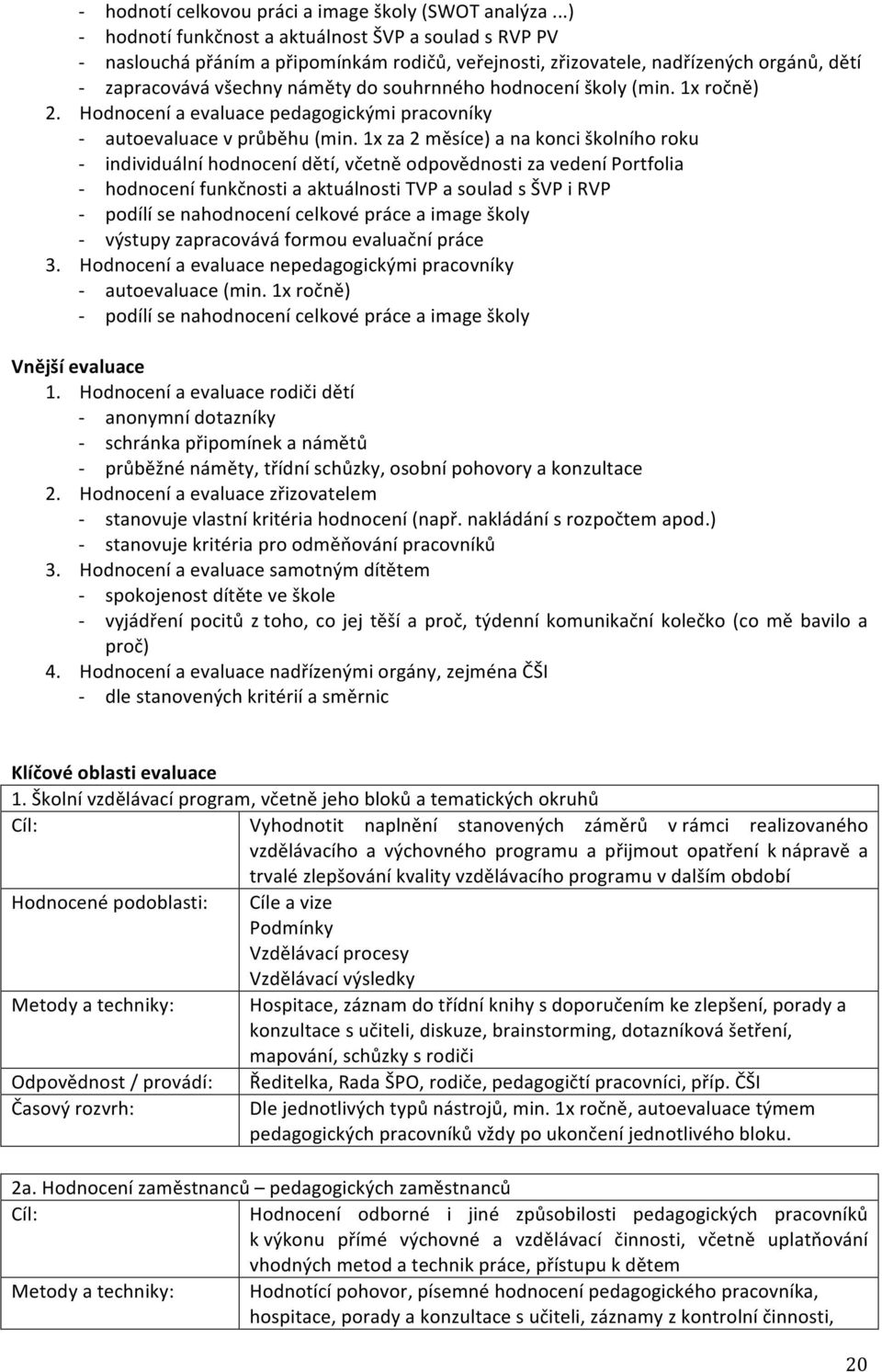 hodnocení školy (min. 1x ročně) 2. Hodnocení a evaluace pedagogickými pracovníky - autoevaluace v průběhu (min.