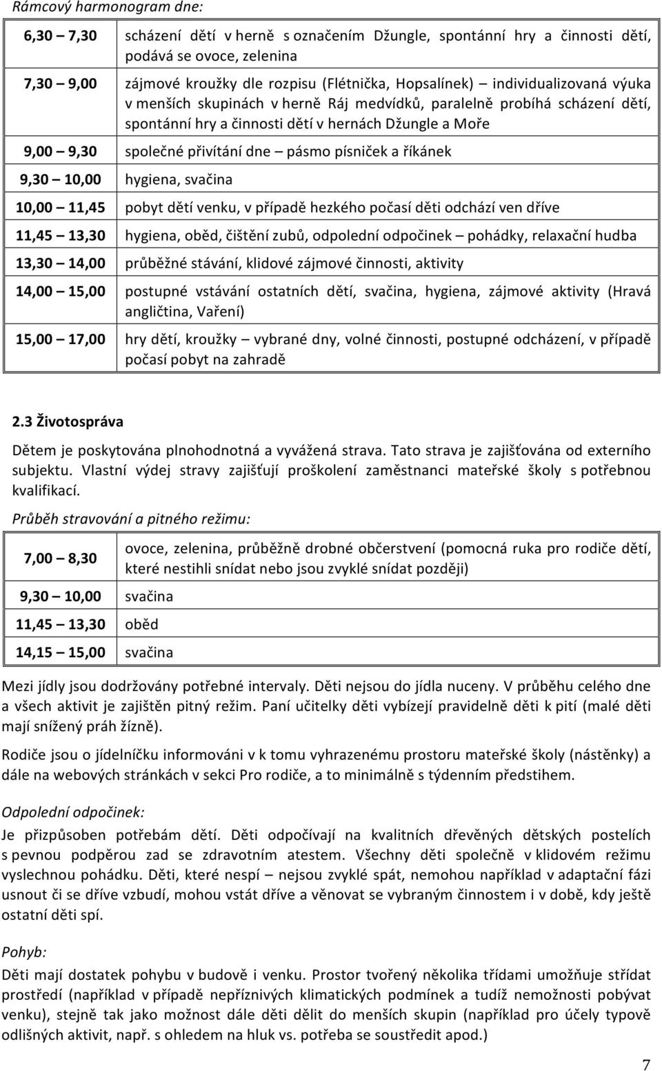 písniček a říkánek 9,30 10,00 hygiena, svačina 10,00 11,45 pobyt dětí venku, v případě hezkého počasí děti odchází ven dříve 11,45 13,30 hygiena, oběd, čištění zubů, odpolední odpočinek pohádky,