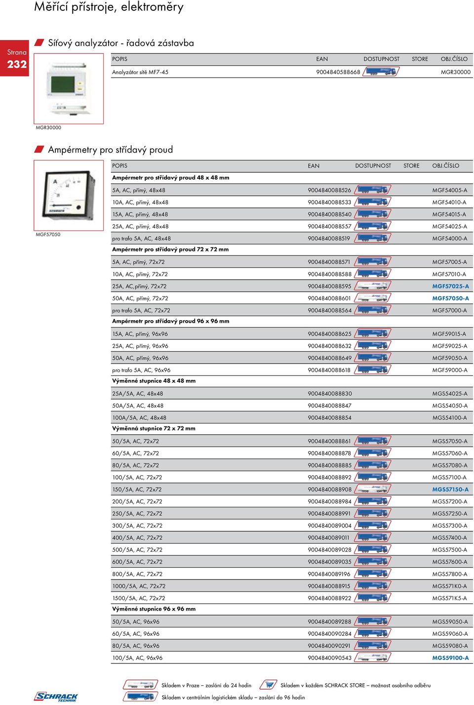 9004840088519 MGF54000-A Ampérmetr pro střídavý proud 72 x 72 mm 5A, AC, přímý, 72x72 9004840088571 MGF57005-A 10A, AC, přímý, 72x72 9004840088588 MGF57010-A 25A, AC,přímý, 72x72 9004840088595