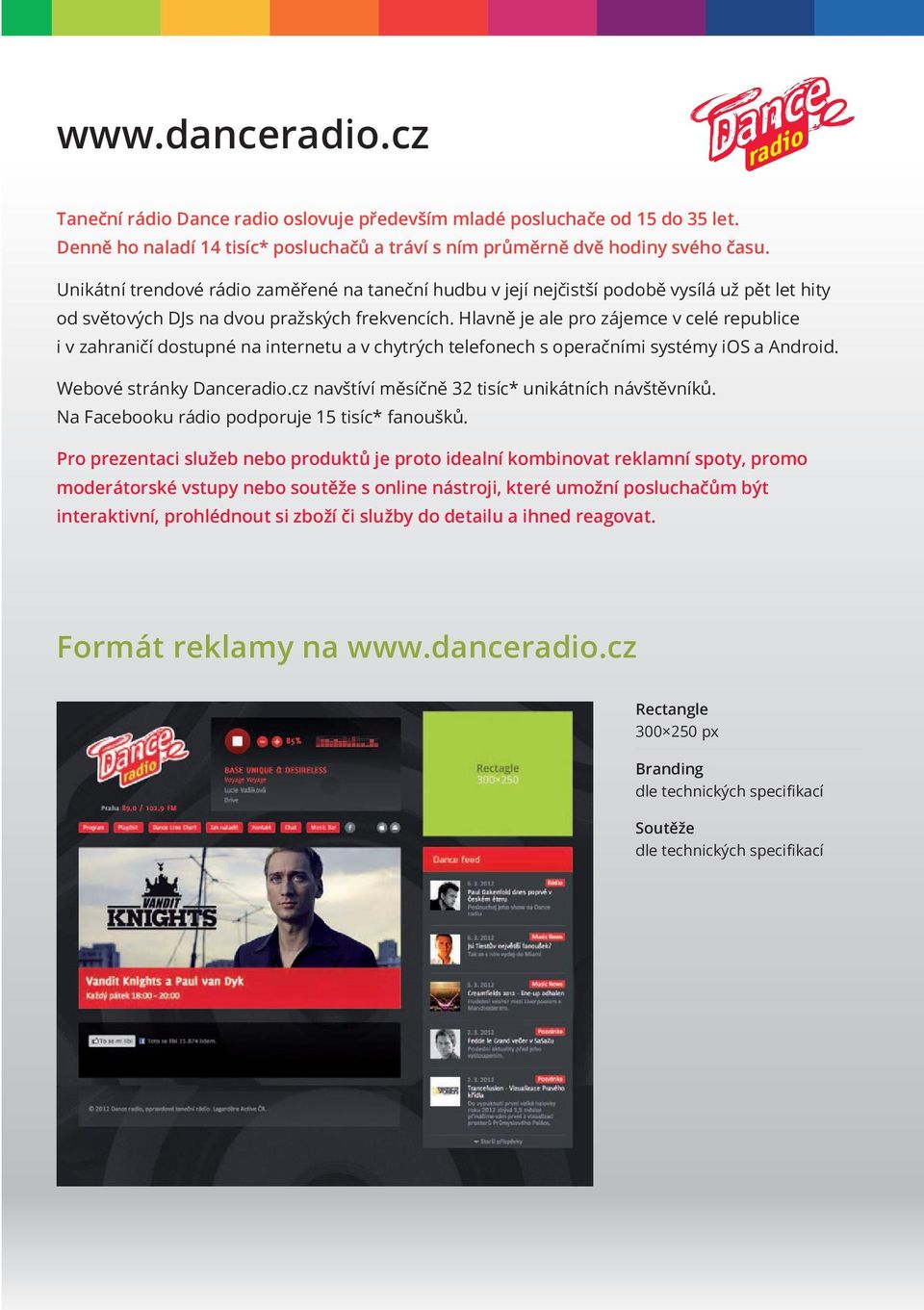 Hlavně je ale pro zájemce v celé republice i v zahraničí dostupné na internetu a v chytrých telefonech s operačními systémy ios a Android. Webové stránky Danceradio.