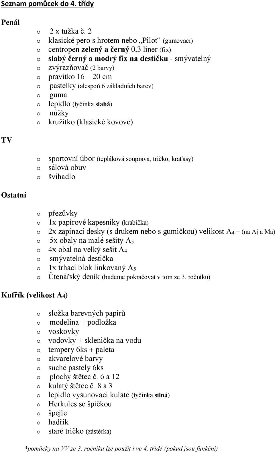 barev) guma lepidl (tyčinka slabá) nůžky kružítk (klasické kvvé) TV sprtvní úbr (teplákvá suprava, tričk, kraťasy) sálvá buv švihadl Ostatní přezůvky 1x papírvé kapesníky (krabička) 2x zapínací desky