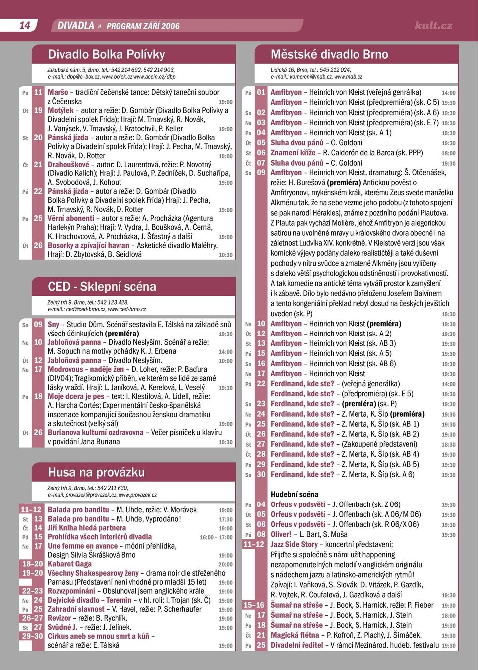 Novák, J. Vanýsek, V. Trnavský, J. Kratochvíl, P. Keller 19:00 St 20 Pánská jízda autor a režie: D. Gombár (Divadlo Bolka Polívky a Divadelní spolek Frída); Hrají: J. Pecha, M. Trnavský, R. Novák, D.