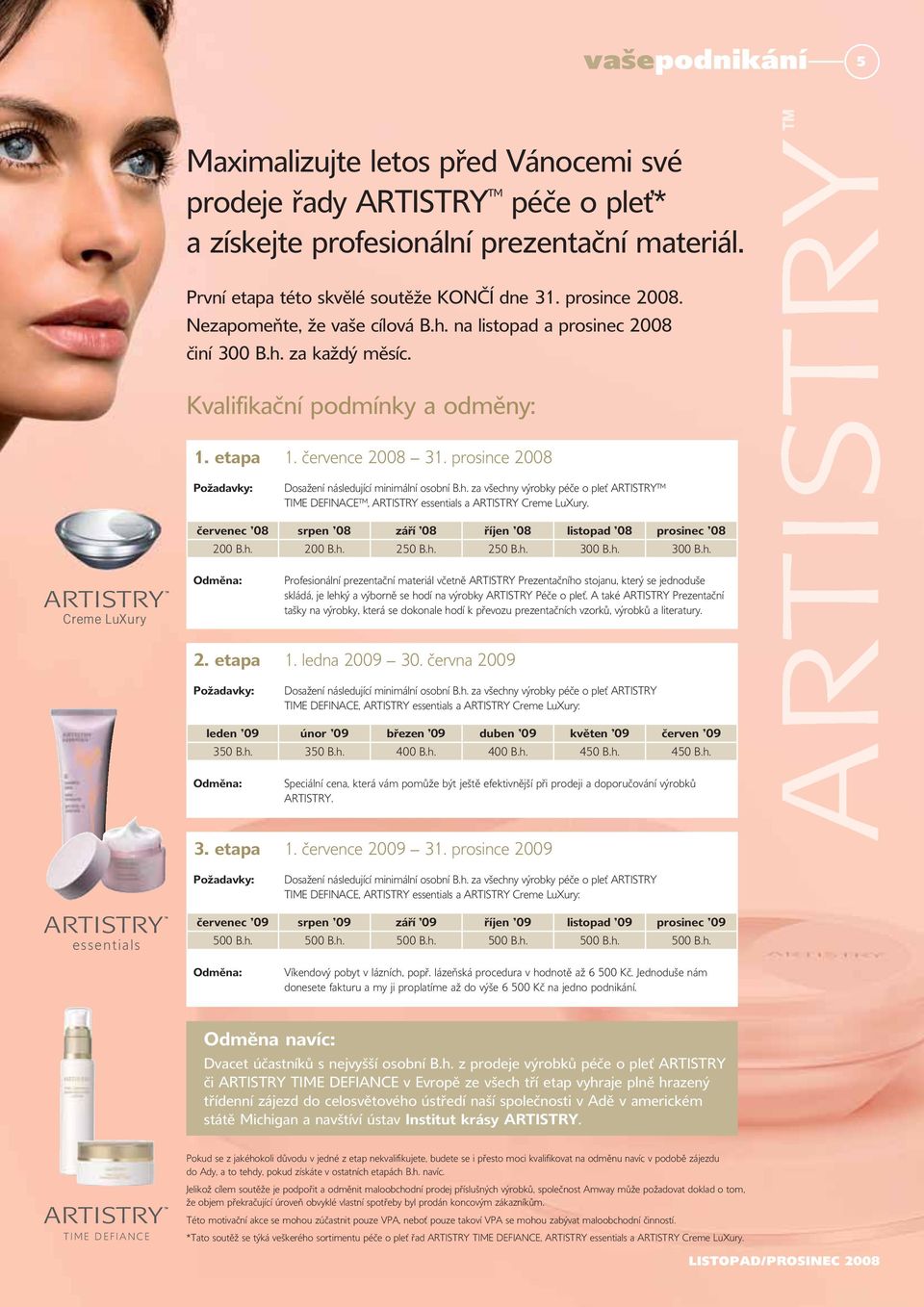 prosince 2008 Požadavky: Dosažení následující minimální osobní B.h. za všechny výrobky péče o pleť ARTISTRY TIME DEFINACE, ARTISTRY essentials a ARTISTRY Creme LuXury.