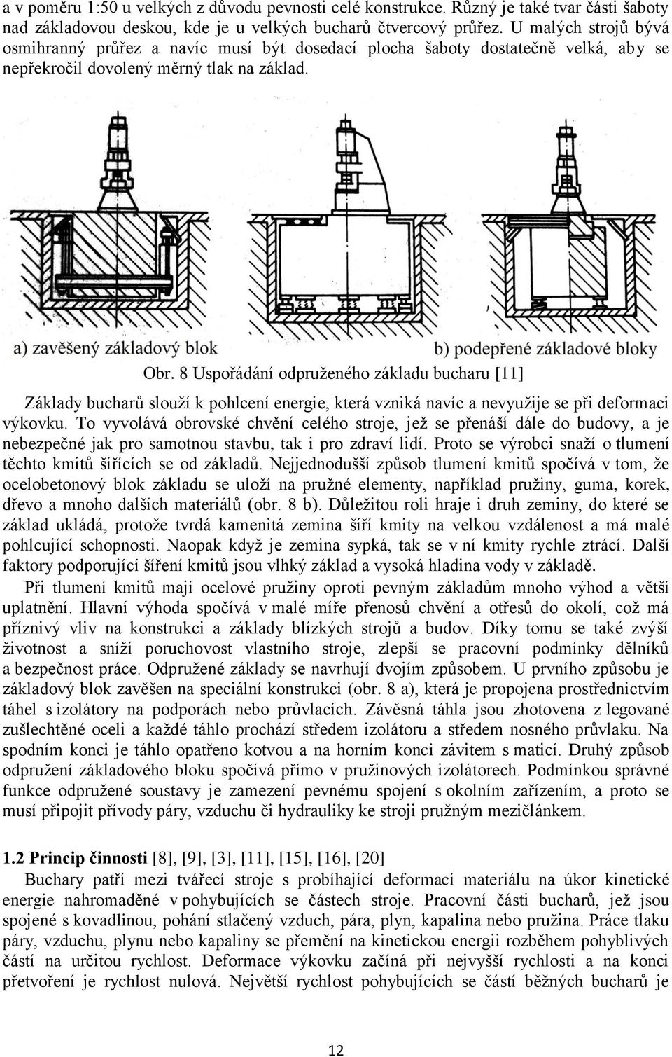 8 Uspořádání odpruženého základu bucharu [11] Základy bucharů slouží k pohlcení energie, která vzniká navíc a nevyužije se při deformaci výkovku.