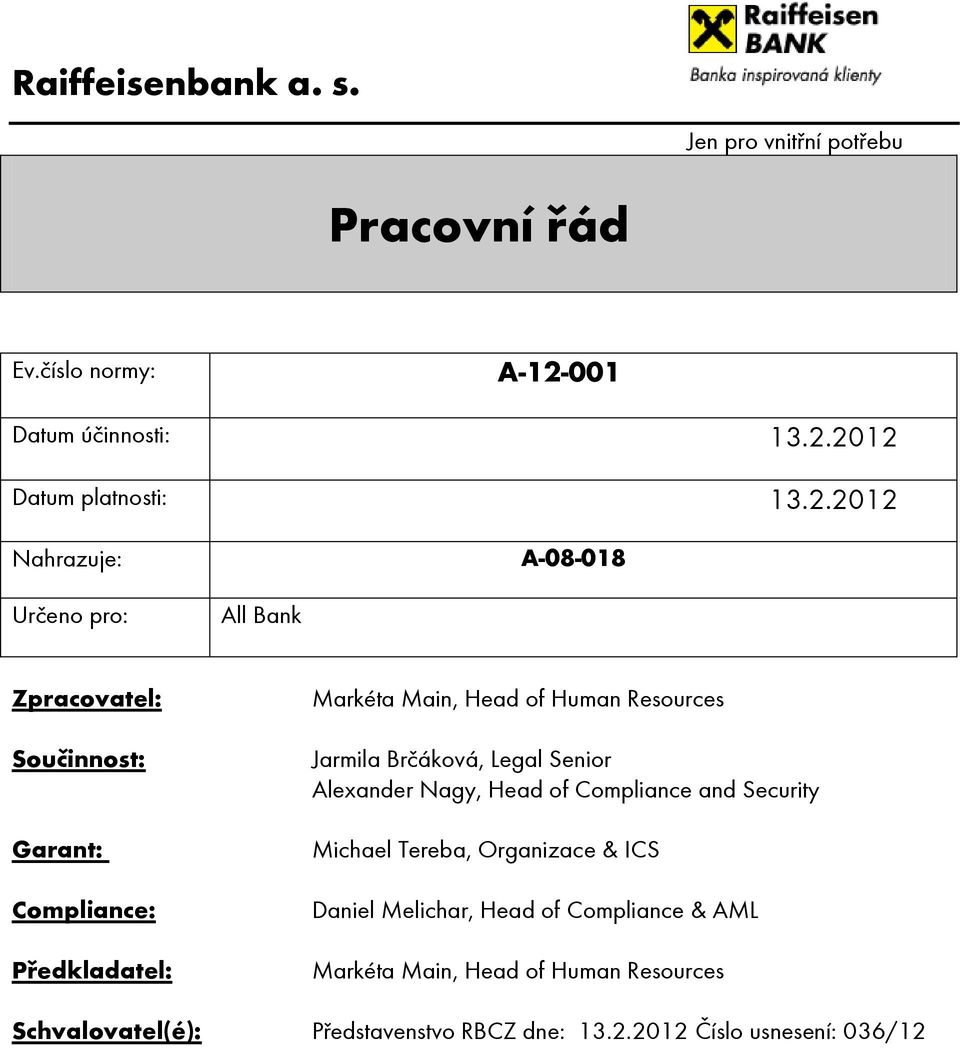 2012 Datum platnosti: 13.2.2012 Nahrazuje: A-08-018 Určeno pro: All Bank Zpracovatel: Součinnost: Garant: Compliance: Předkladatel: