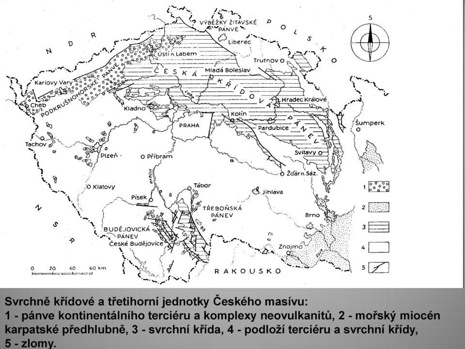 neovulkanitů, 2 - mořský miocén karpatské předhlubně, 3